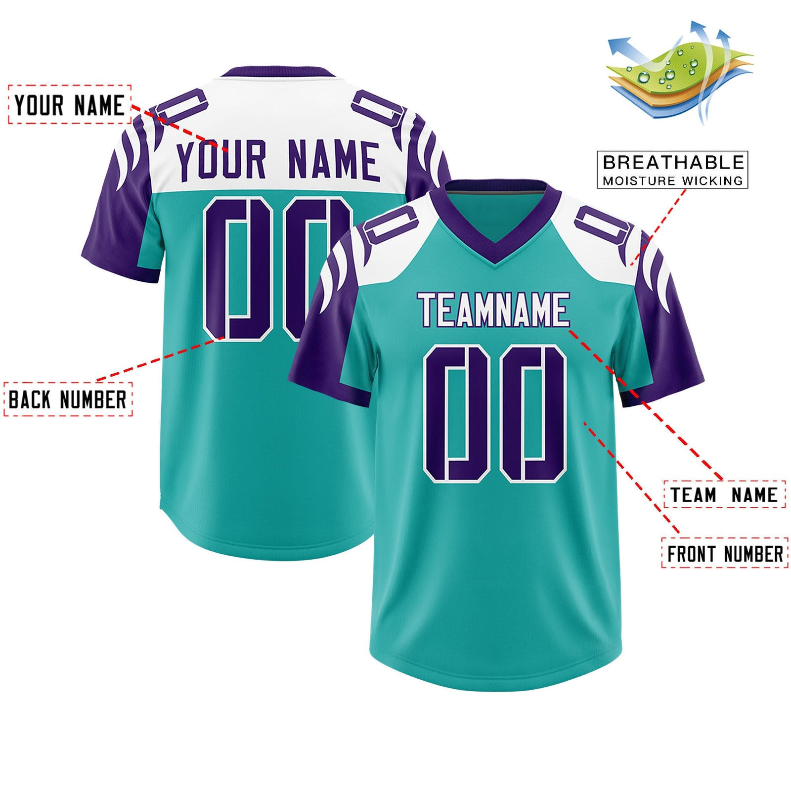Custom Aqua Purple Raglan Sleeves Personalized Pattern Authentic Football Jersey
