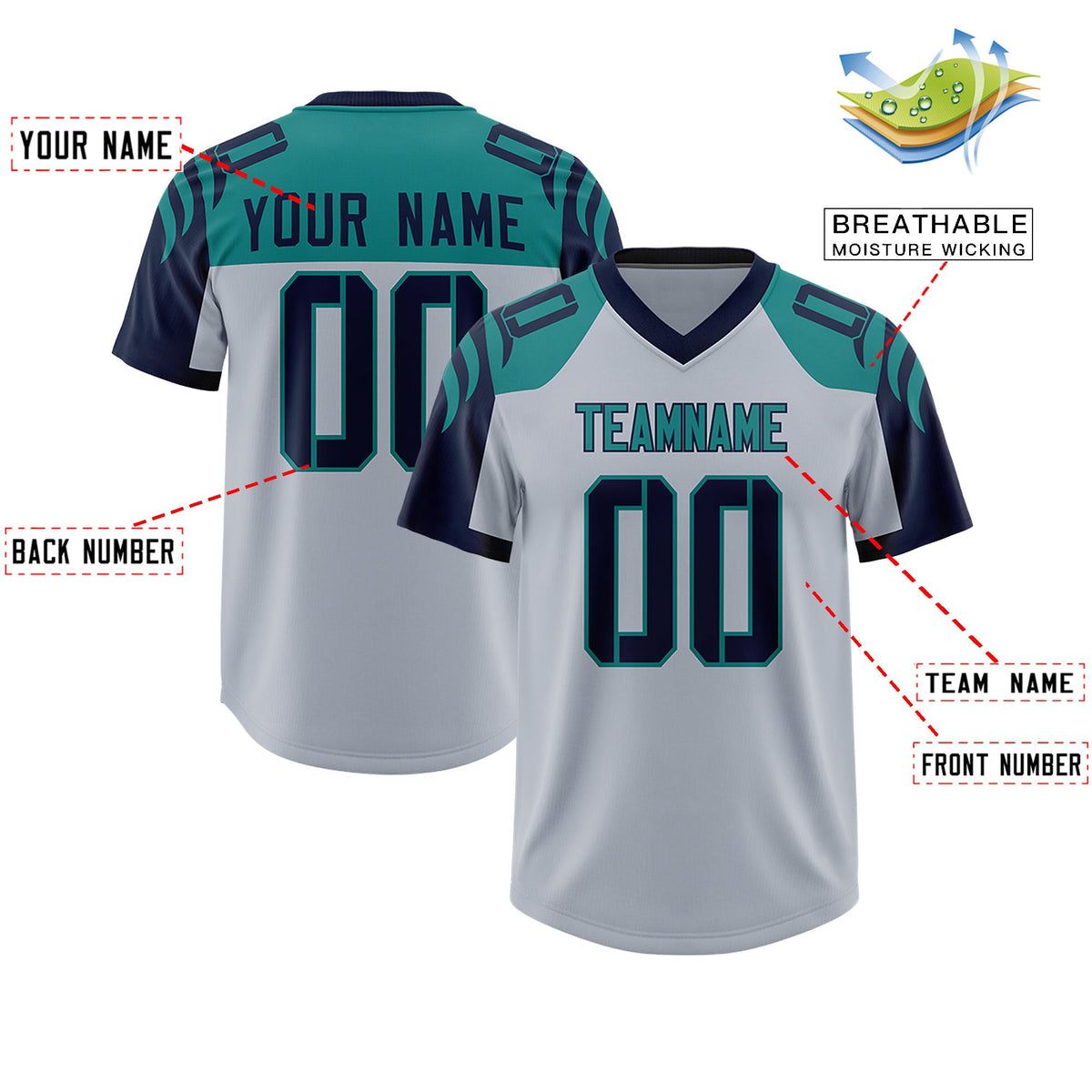 Custom Silver Navy Raglan Sleeves Personalized Pattern Authentic Football Jersey