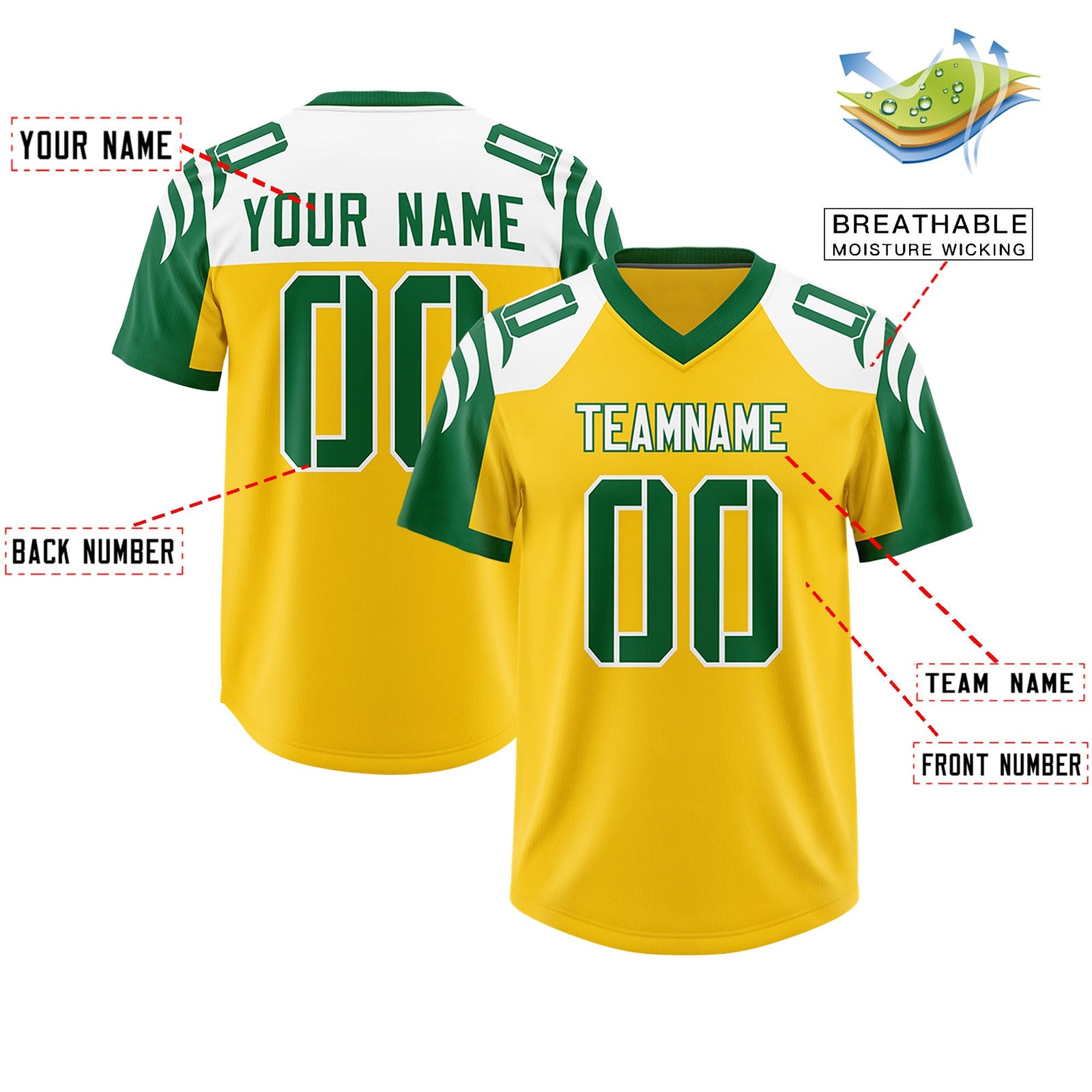 Custom Gold Kelly Green Raglan Sleeves Personalized Pattern Authentic Football Jersey
