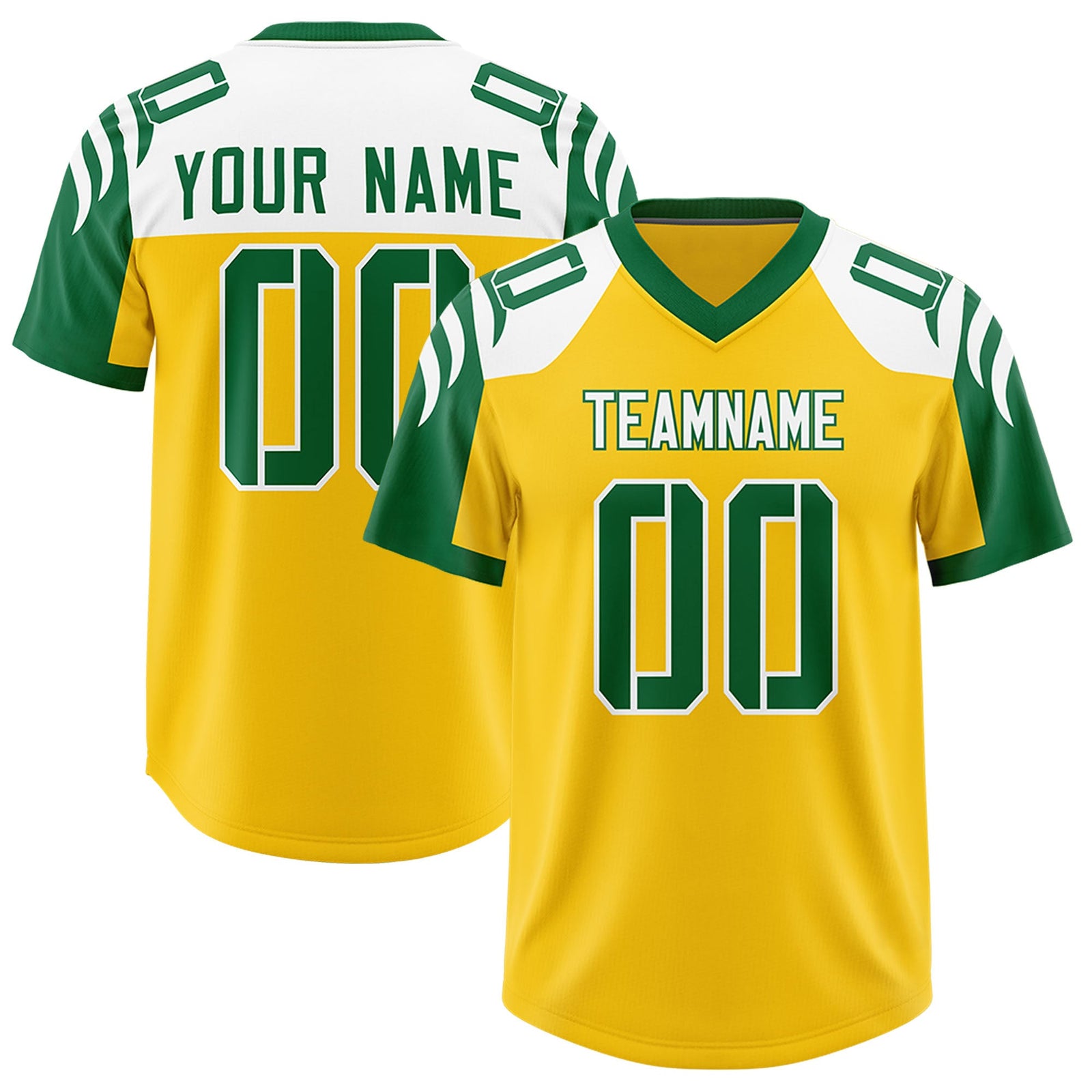 Custom Gold Kelly Green Raglan Sleeves Personalized Pattern Authentic Football Jersey