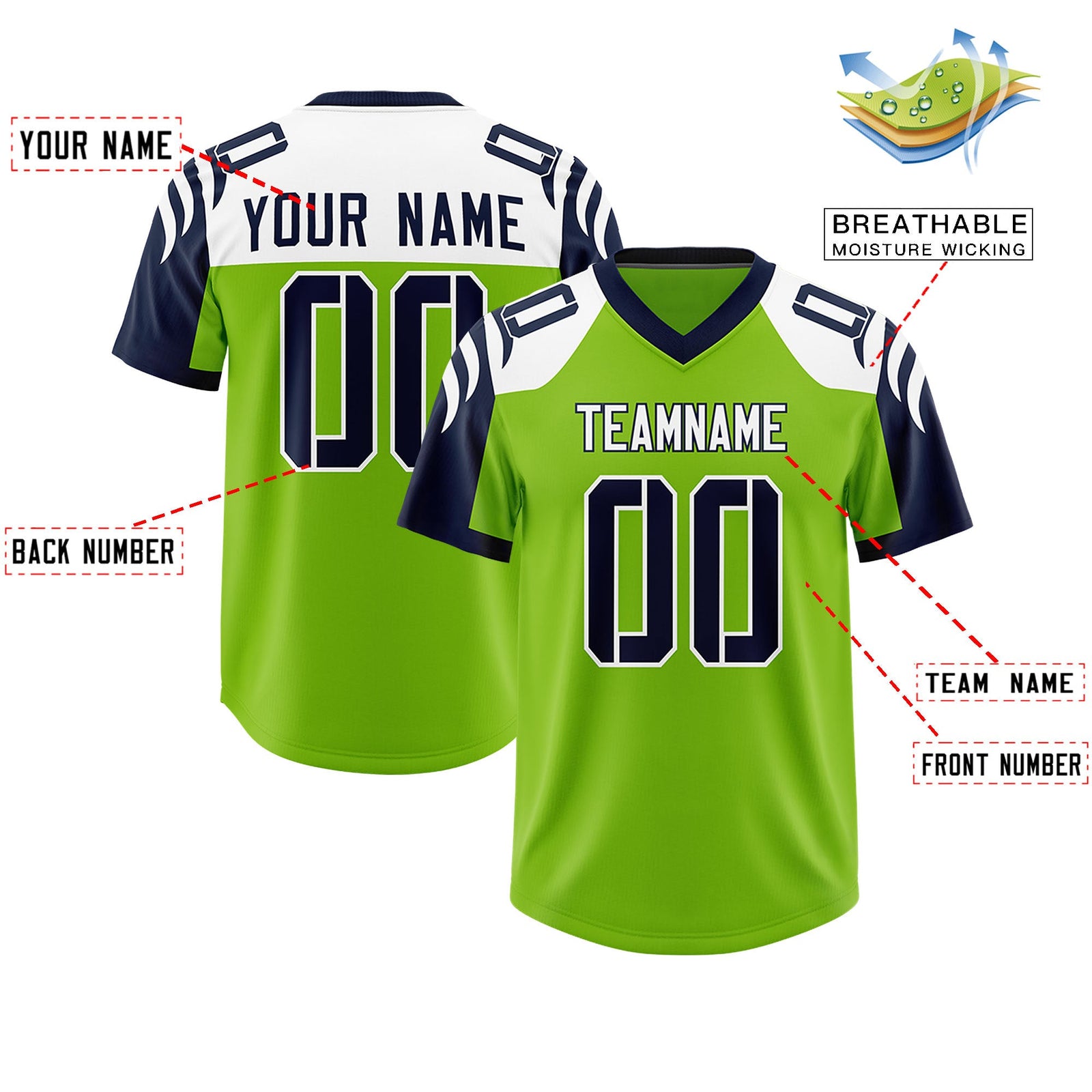 Custom Neon Green Navy Raglan Sleeves Personalized Pattern Authentic Football Jersey