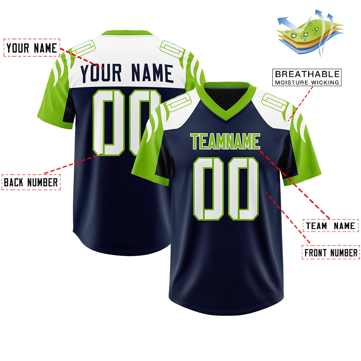 Custom Navy Neon Green Raglan Sleeves Personalized Pattern Authentic Football Jersey