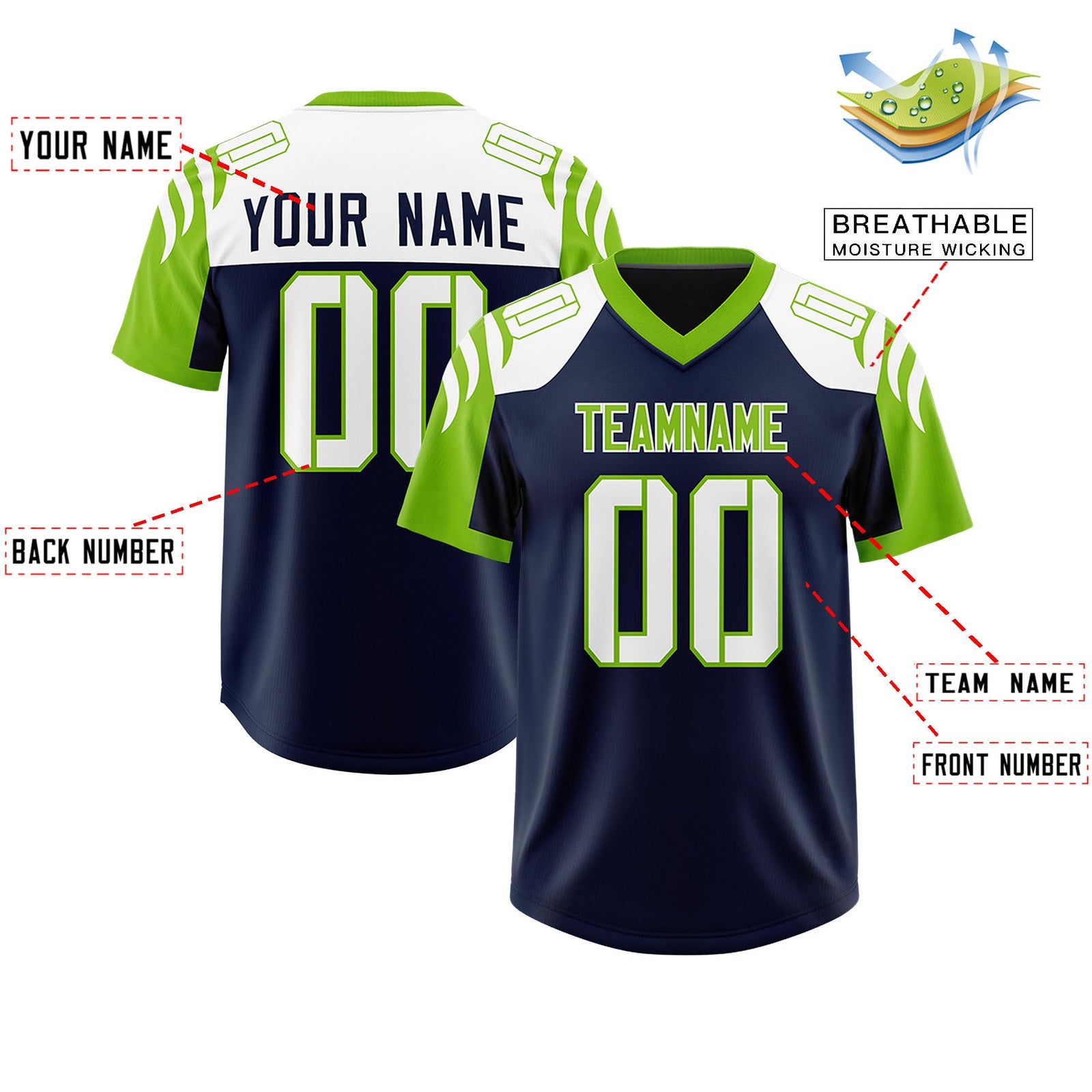 Custom Navy Neon Green Raglan Sleeves Personalized Pattern Authentic Football Jersey