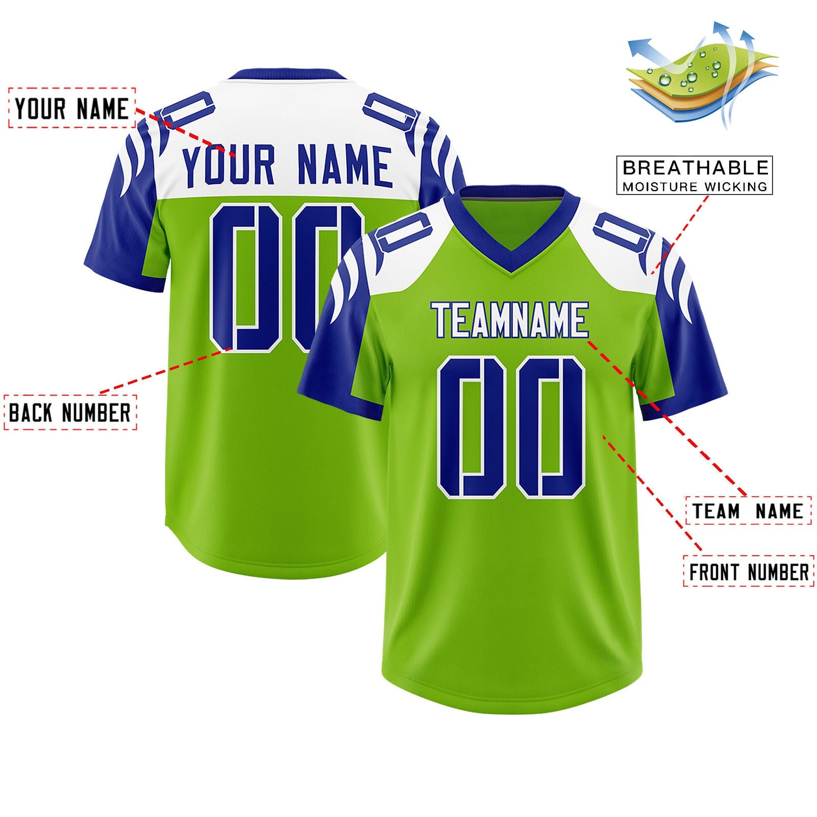Custom Neon Green Royal Raglan Sleeves Personalized Pattern Authentic Football Jersey