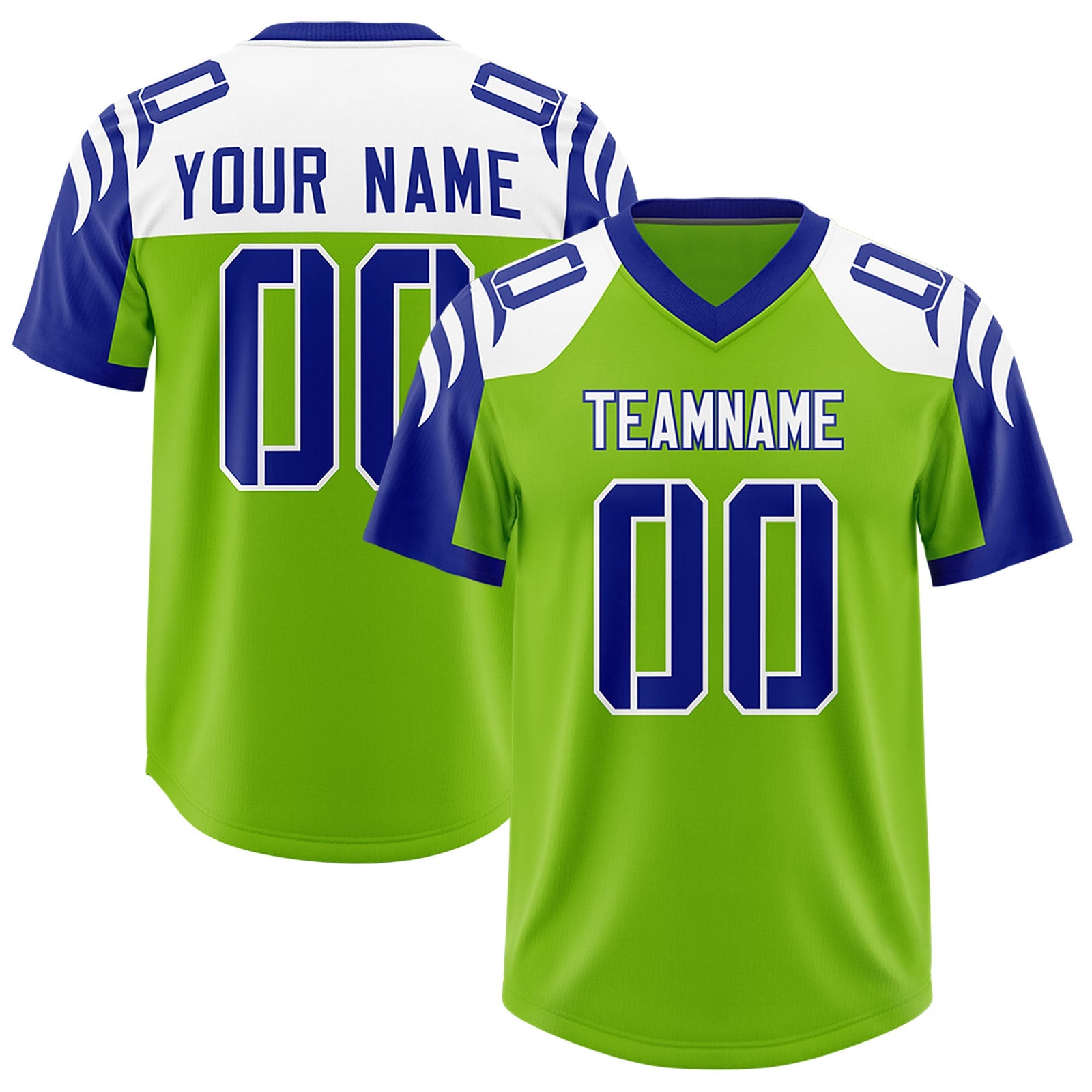 Custom Neon Green Royal Raglan Sleeves Personalized Pattern Authentic Football Jersey