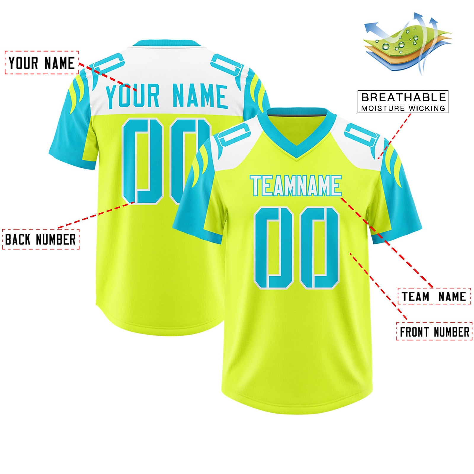 Custom Fluorescent Green Sky Blue Raglan Sleeves Personalized Pattern Authentic Football Jersey