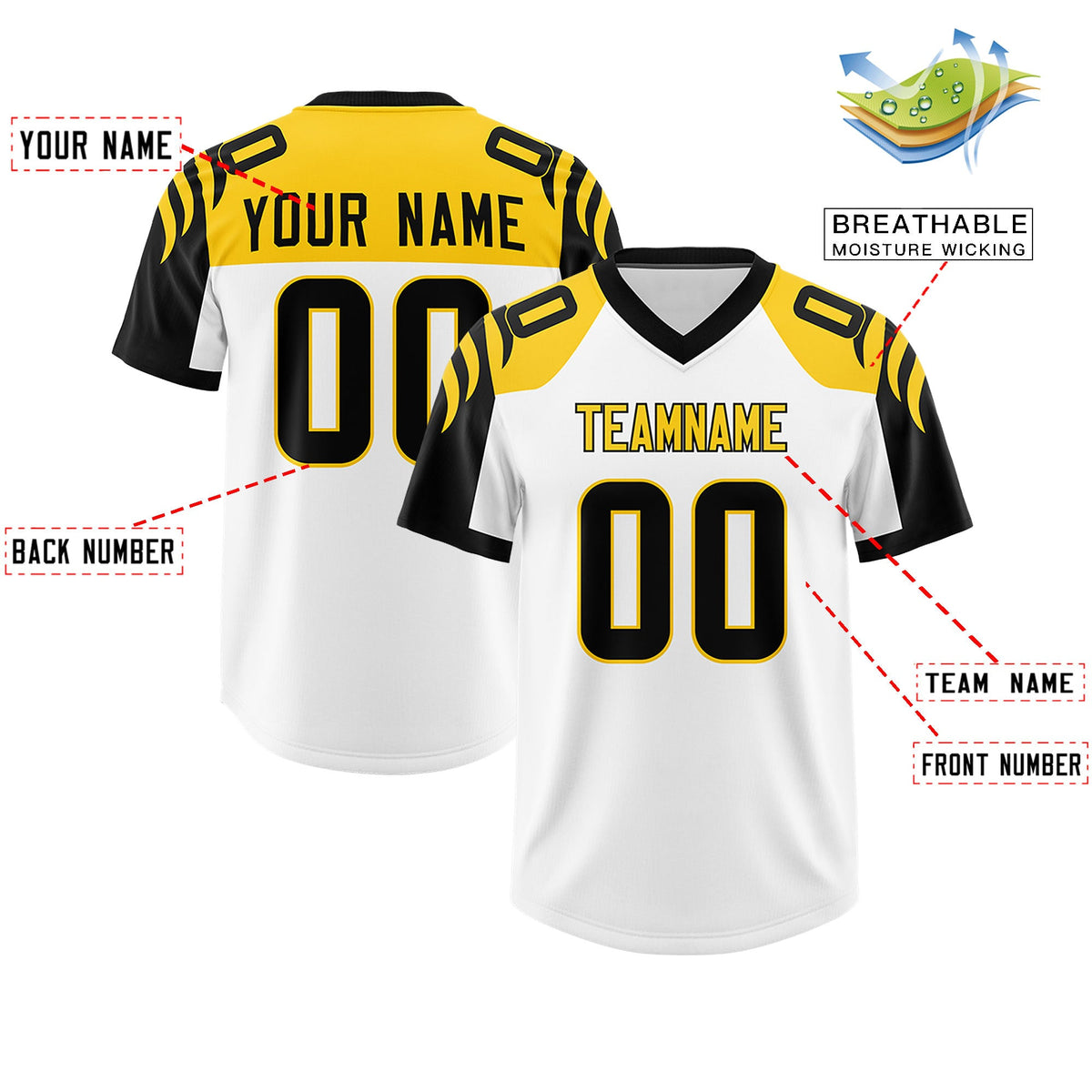 Custom White Black Raglan Sleeves Personalized Pattern Authentic Football Jersey