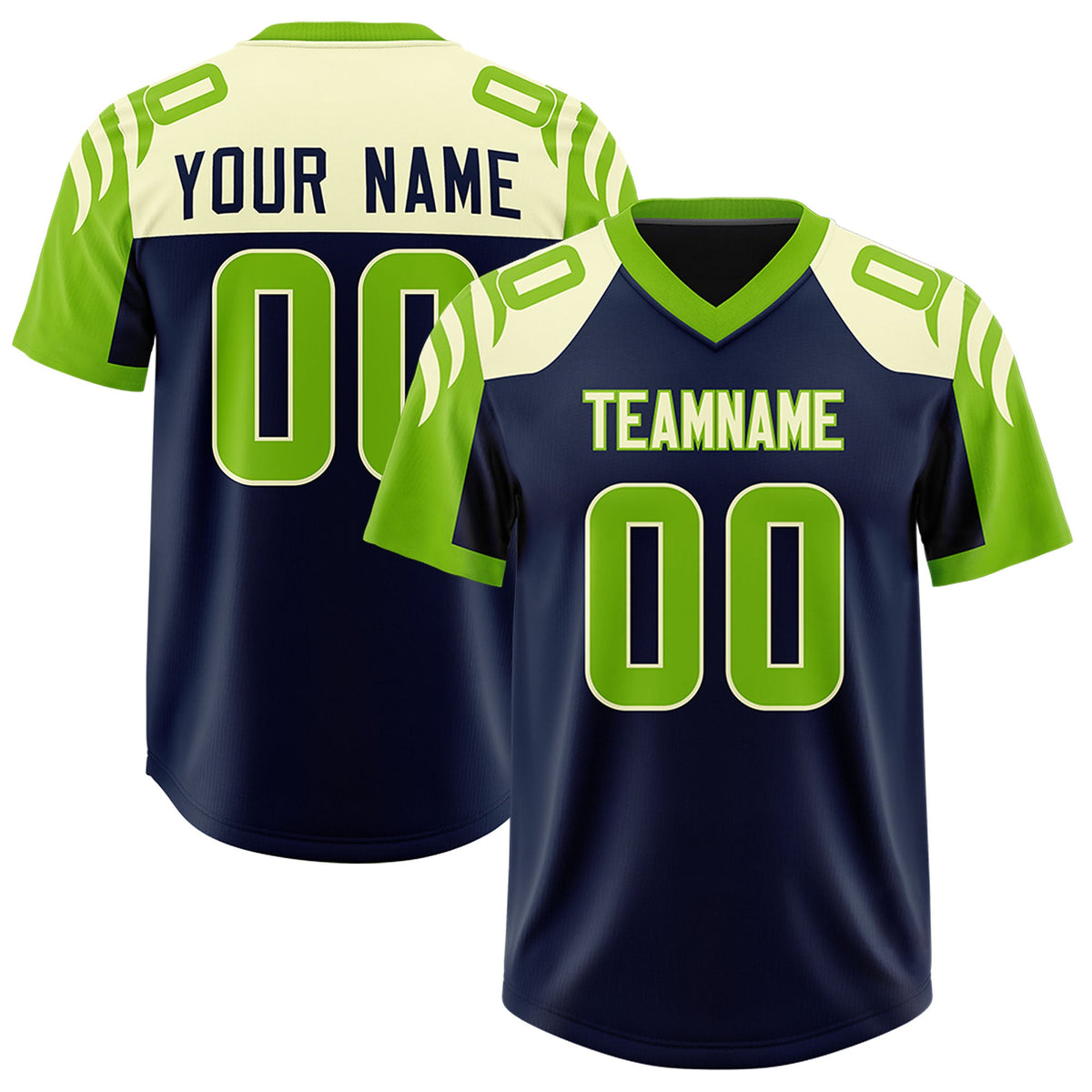 Custom Navy Neon Green Raglan Sleeves Personalized Pattern Authentic Football Jersey