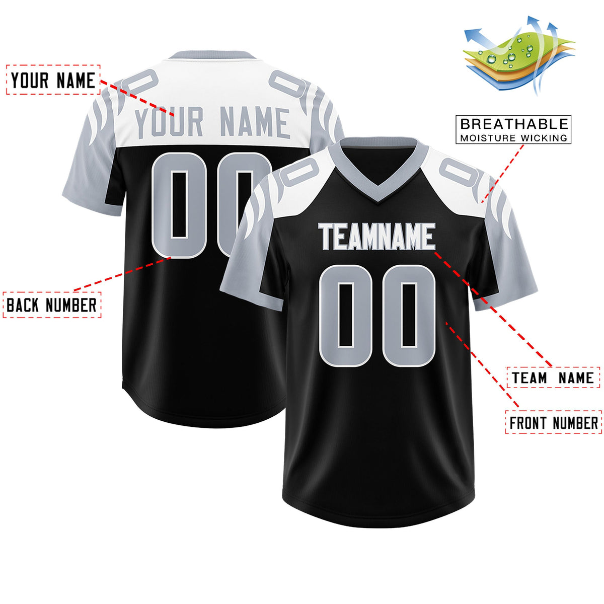 Custom Black Silver Raglan Sleeves Personalized Pattern Authentic Football Jersey