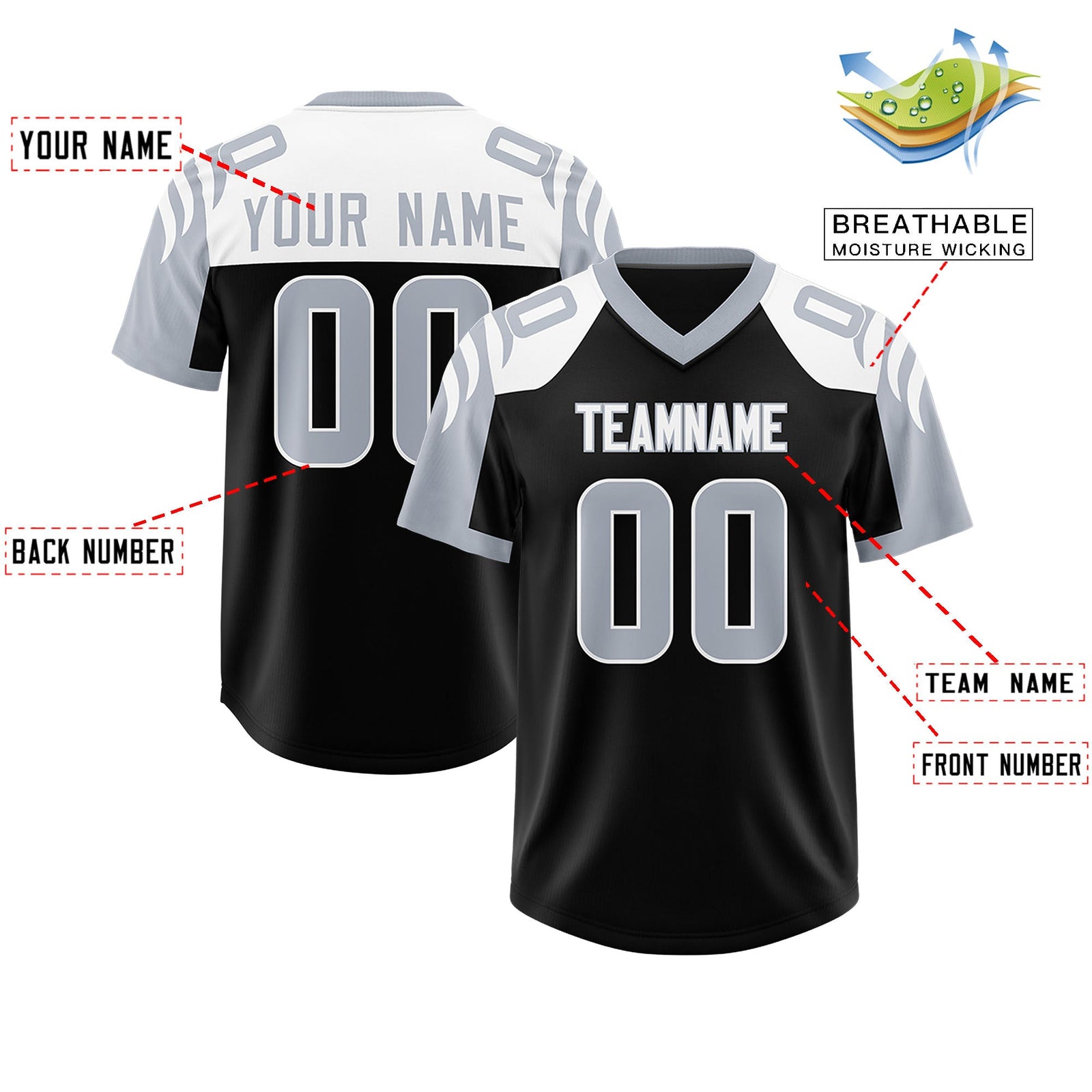 Custom Black Silver Raglan Sleeves Personalized Pattern Authentic Football Jersey