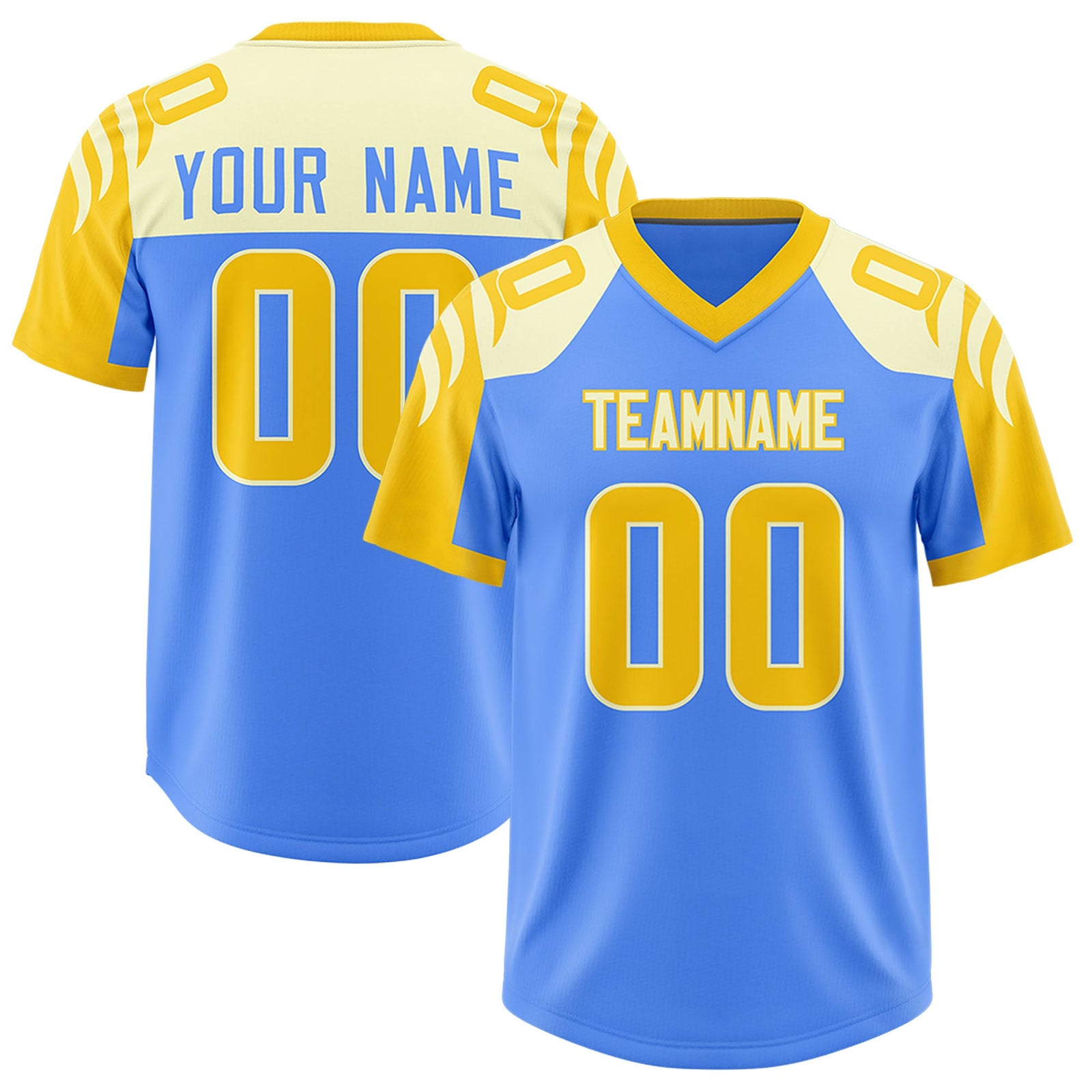 Custom Powder Blue Gold Raglan Sleeves Personalized Pattern Authentic Football Jersey