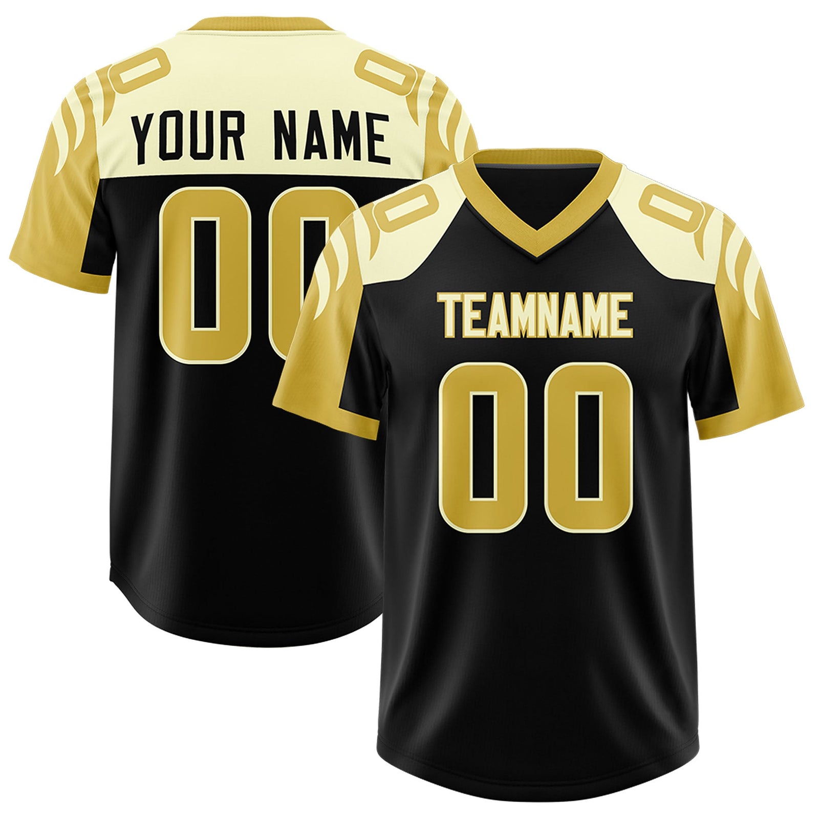 Custom Black Old Gold Raglan Sleeves Personalized Pattern Authentic Football Jersey