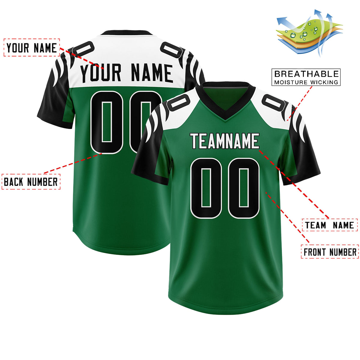 Custom Kelly Green Black Raglan Sleeves Personalized Pattern Authentic Football Jersey