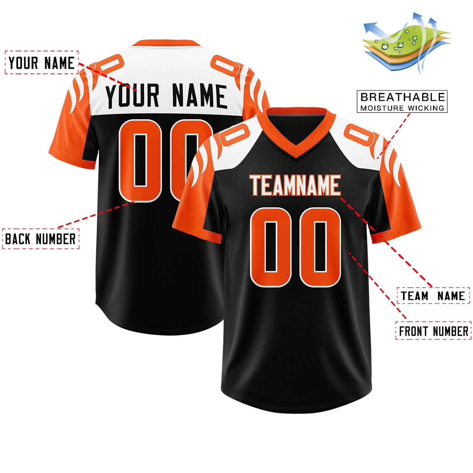 Custom Black Orange Raglan Sleeves Personalized Pattern Authentic Football Jersey