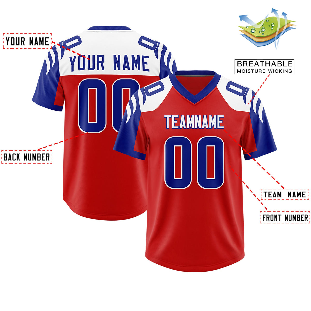 Custom Red Royal Raglan Sleeves Personalized Pattern Authentic Football Jersey