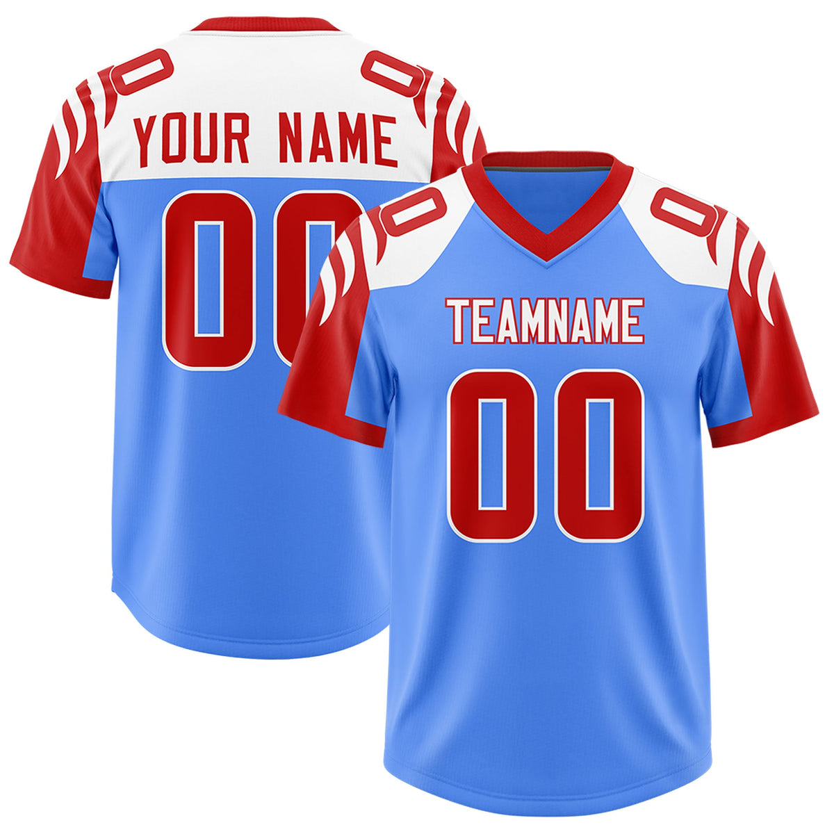 Custom Powder Blue Red Raglan Sleeves Personalized Pattern Authentic Football Jersey