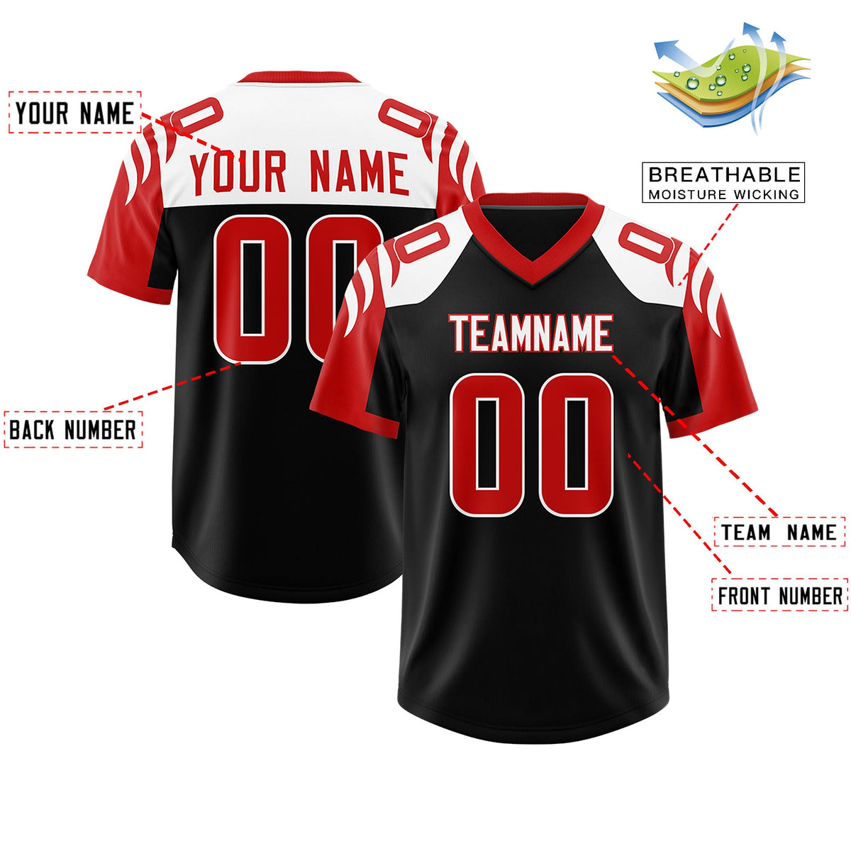 Custom Black Red Raglan Sleeves Personalized Pattern Authentic Football Jersey