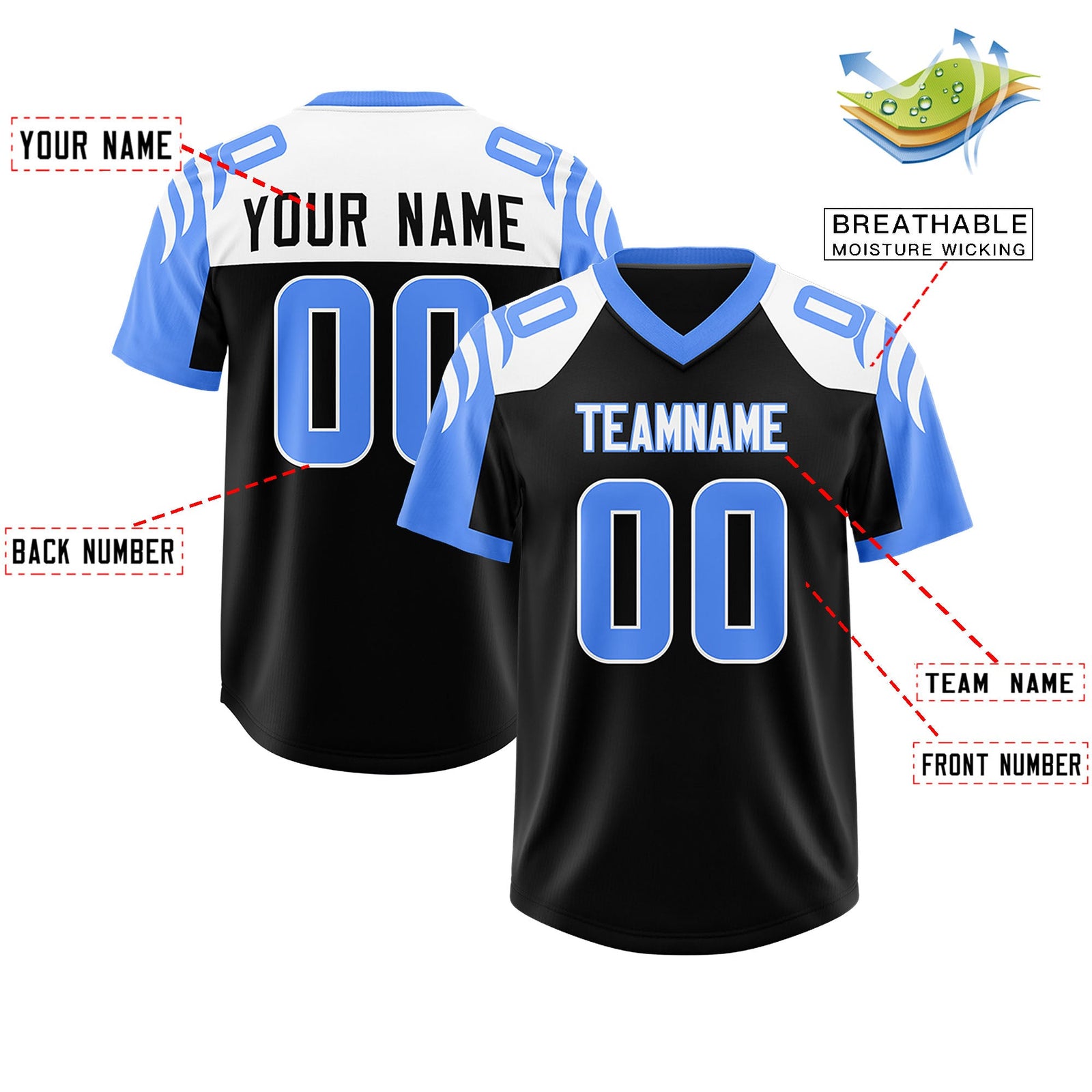 Custom Black Powder Blue Raglan Sleeves Personalized Pattern Authentic Football Jersey