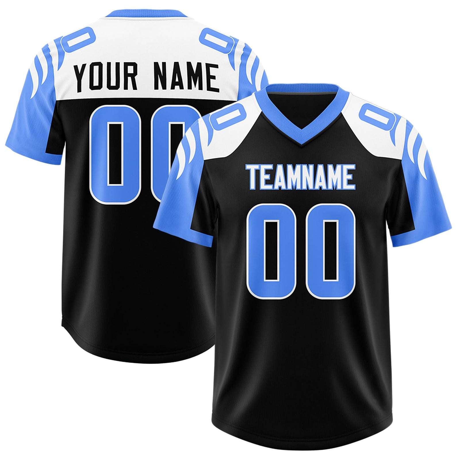 Custom Black Powder Blue Raglan Sleeves Personalized Pattern Authentic Football Jersey