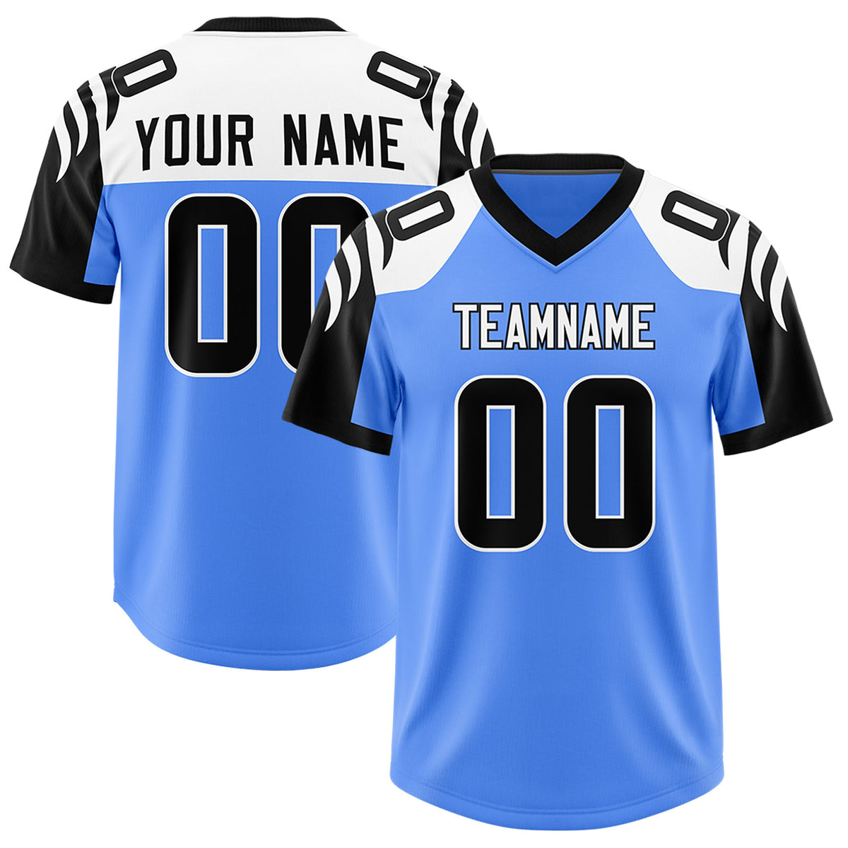 Custom Powder Blue Black Raglan Sleeves Personalized Pattern Authentic Football Jersey