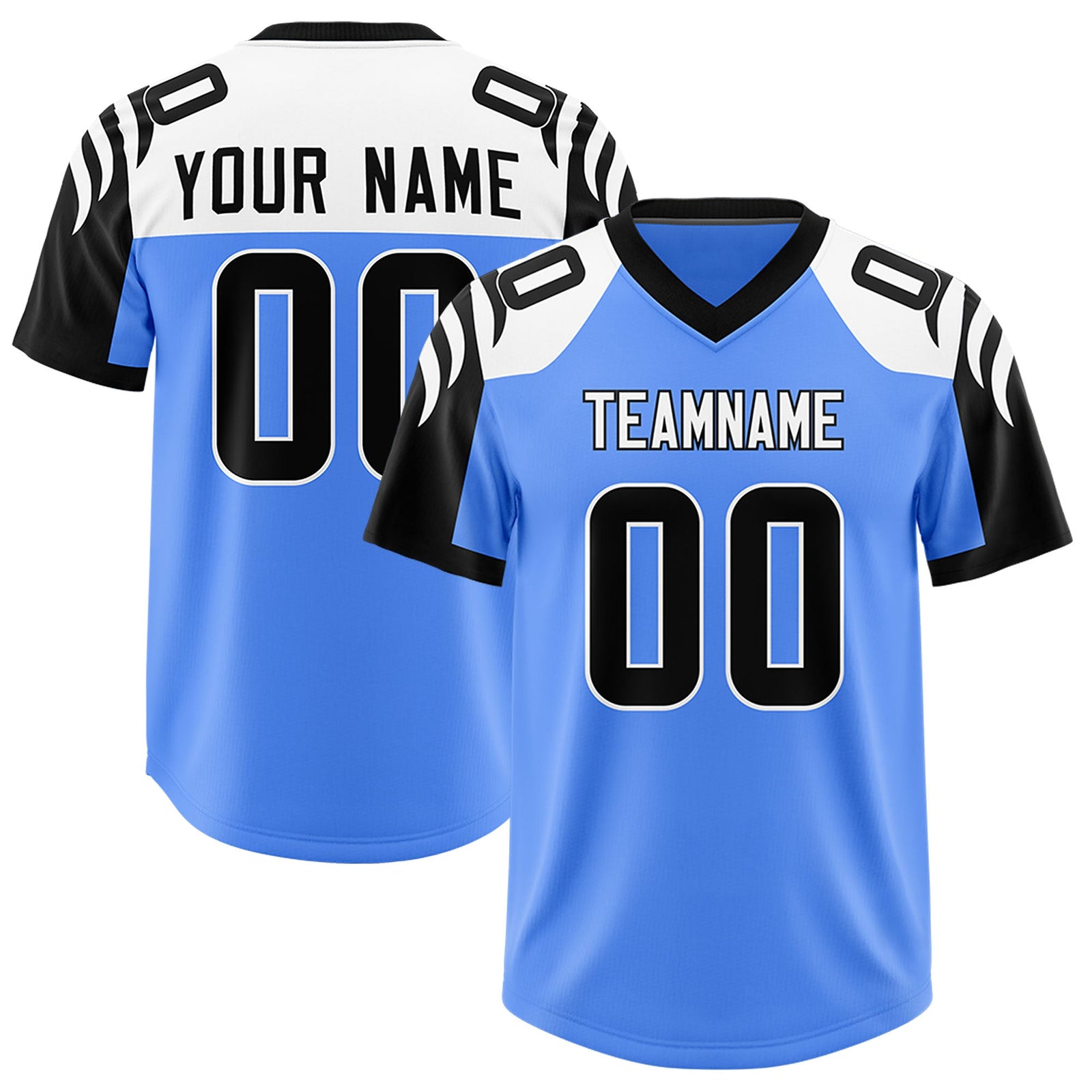 Custom Powder Blue Black Raglan Sleeves Personalized Pattern Authentic Football Jersey