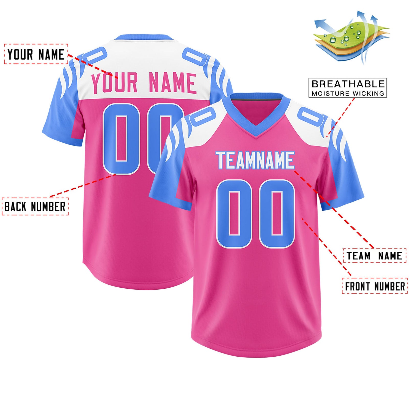 Custom Pink Powder Blue Raglan Sleeves Personalized Pattern Authentic Football Jersey