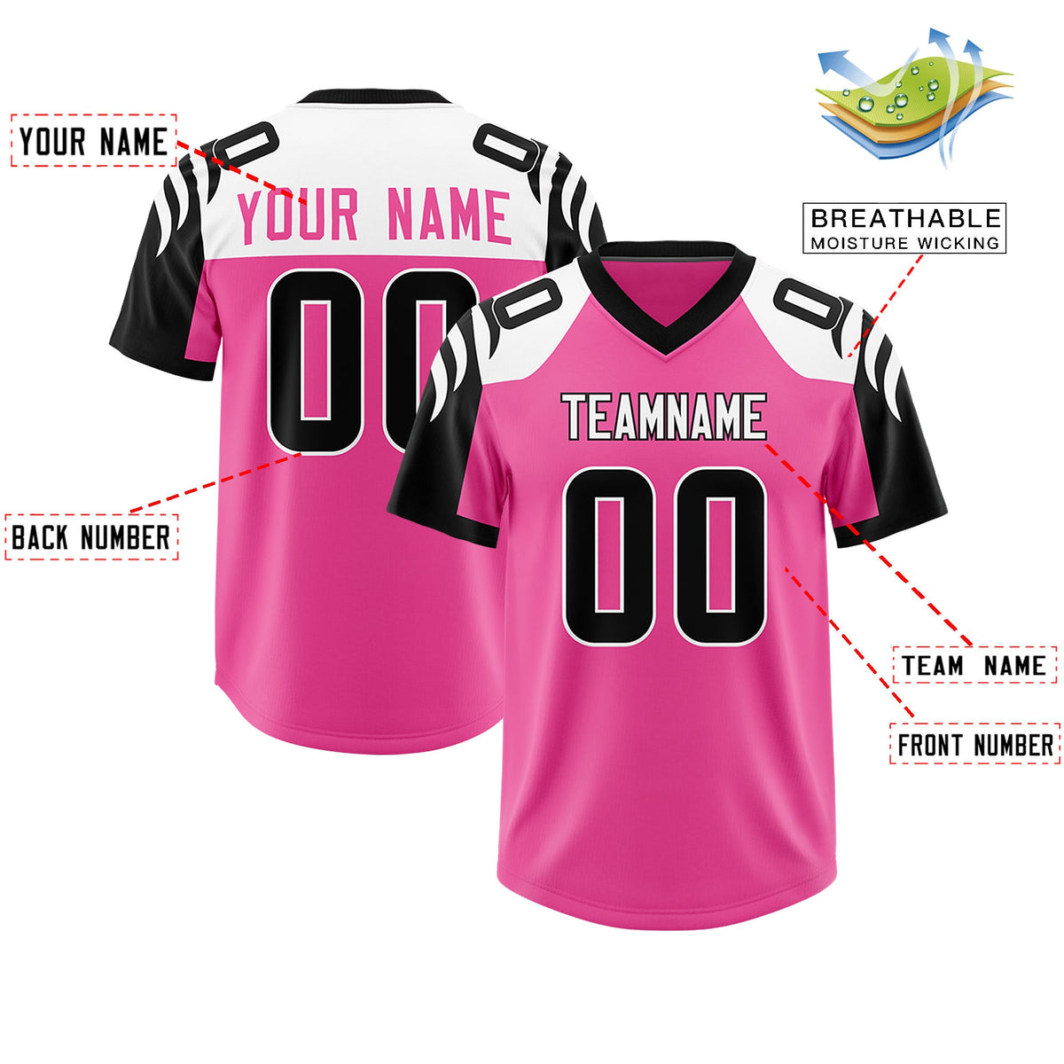 Custom Pink Black Raglan Sleeves Personalized Pattern Authentic Football Jersey