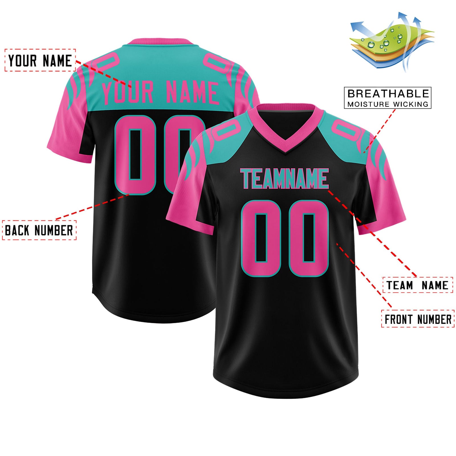 Custom Black Pink Raglan Sleeves Personalized Pattern Authentic Football Jersey