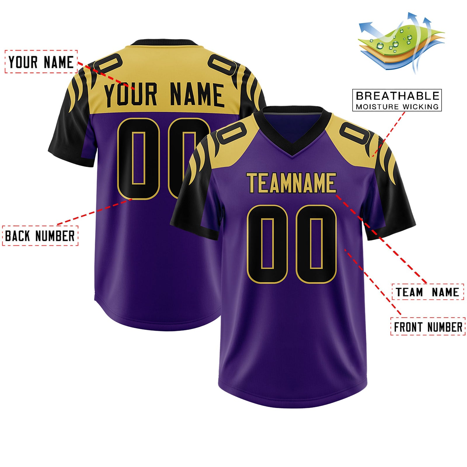 Custom Purple Black Raglan Sleeves Personalized Pattern Authentic Football Jersey