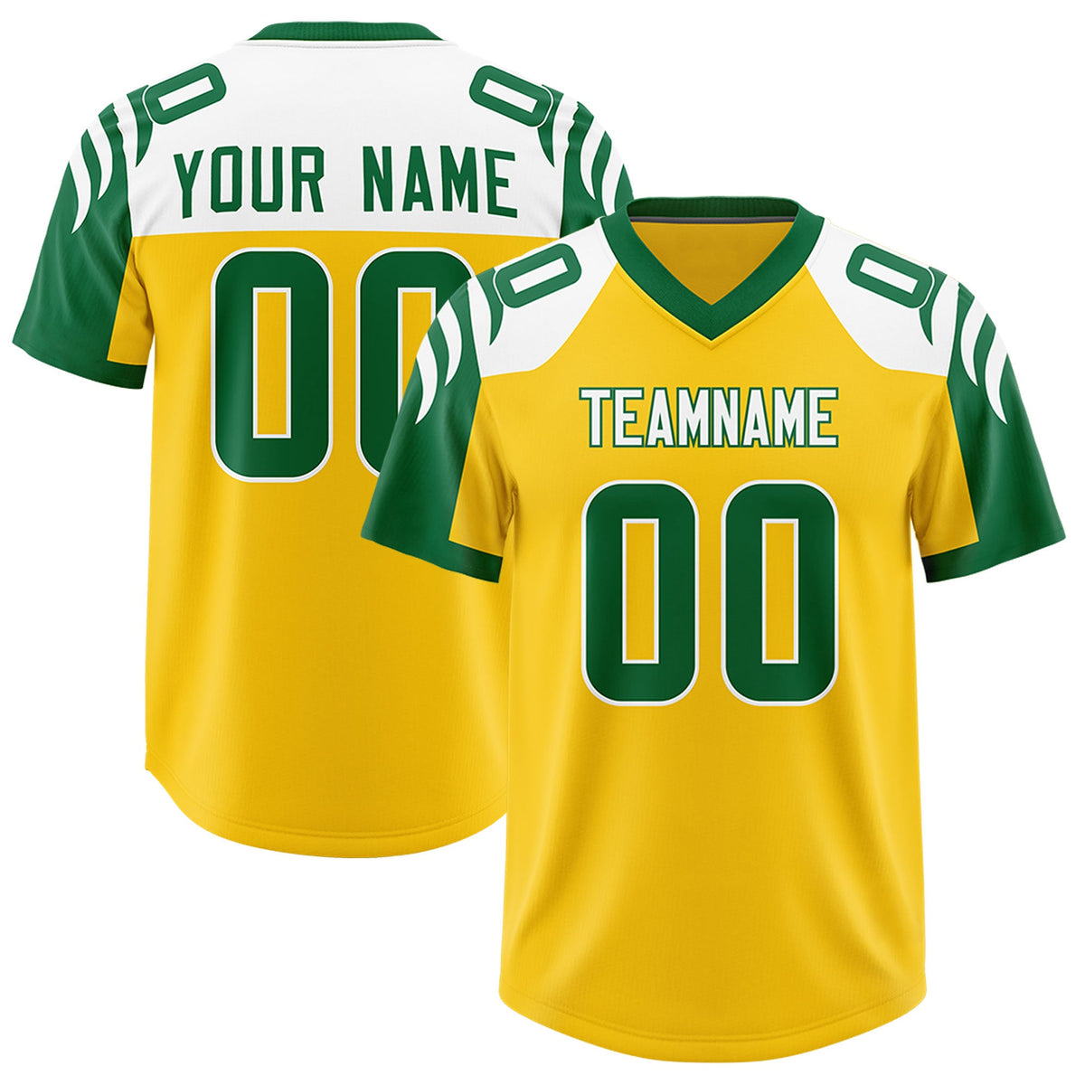 Custom Gold Kelly Green Raglan Sleeves Personalized Pattern Authentic Football Jersey