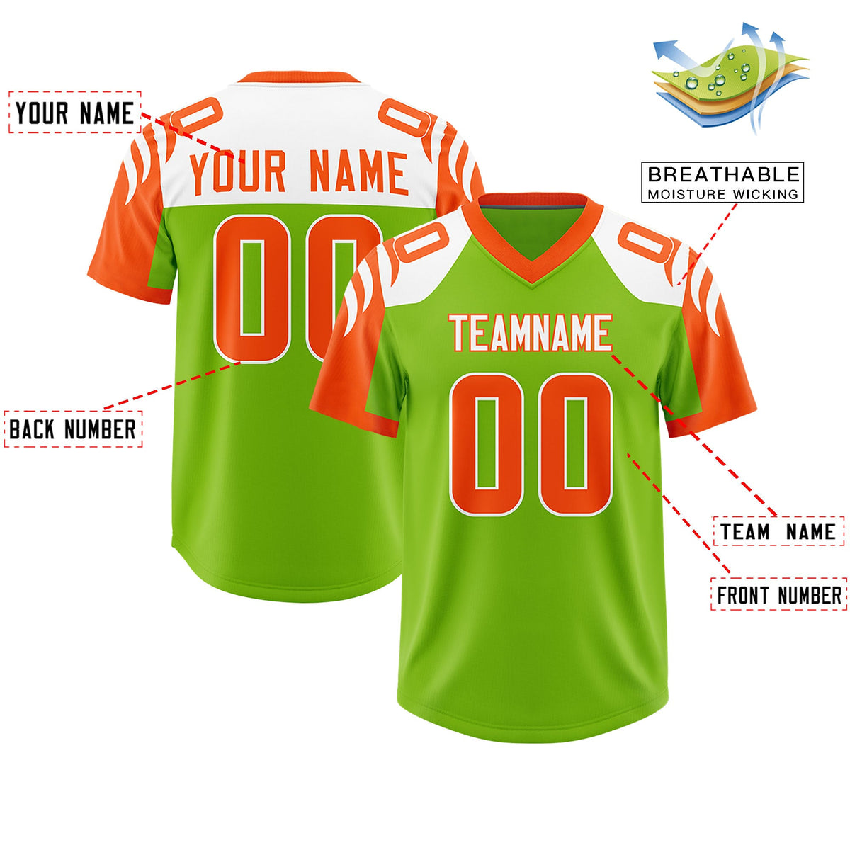 Custom Neon Green Orange Raglan Sleeves Personalized Pattern Authentic Football Jersey