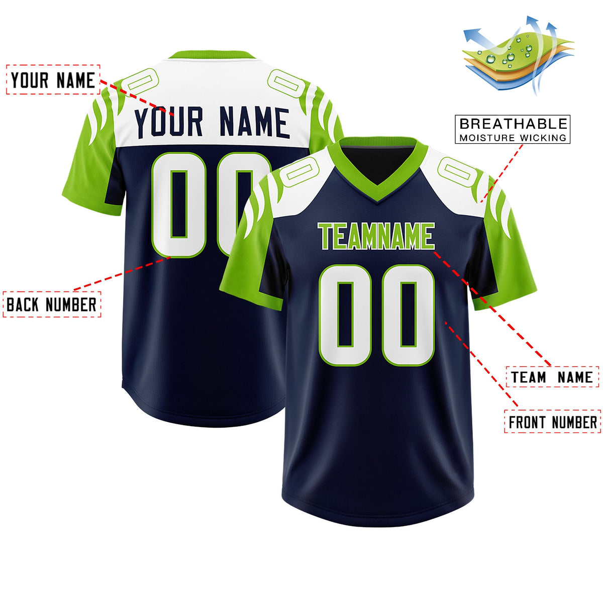 Custom Navy Neon Green Raglan Sleeves Personalized Pattern Authentic Football Jersey