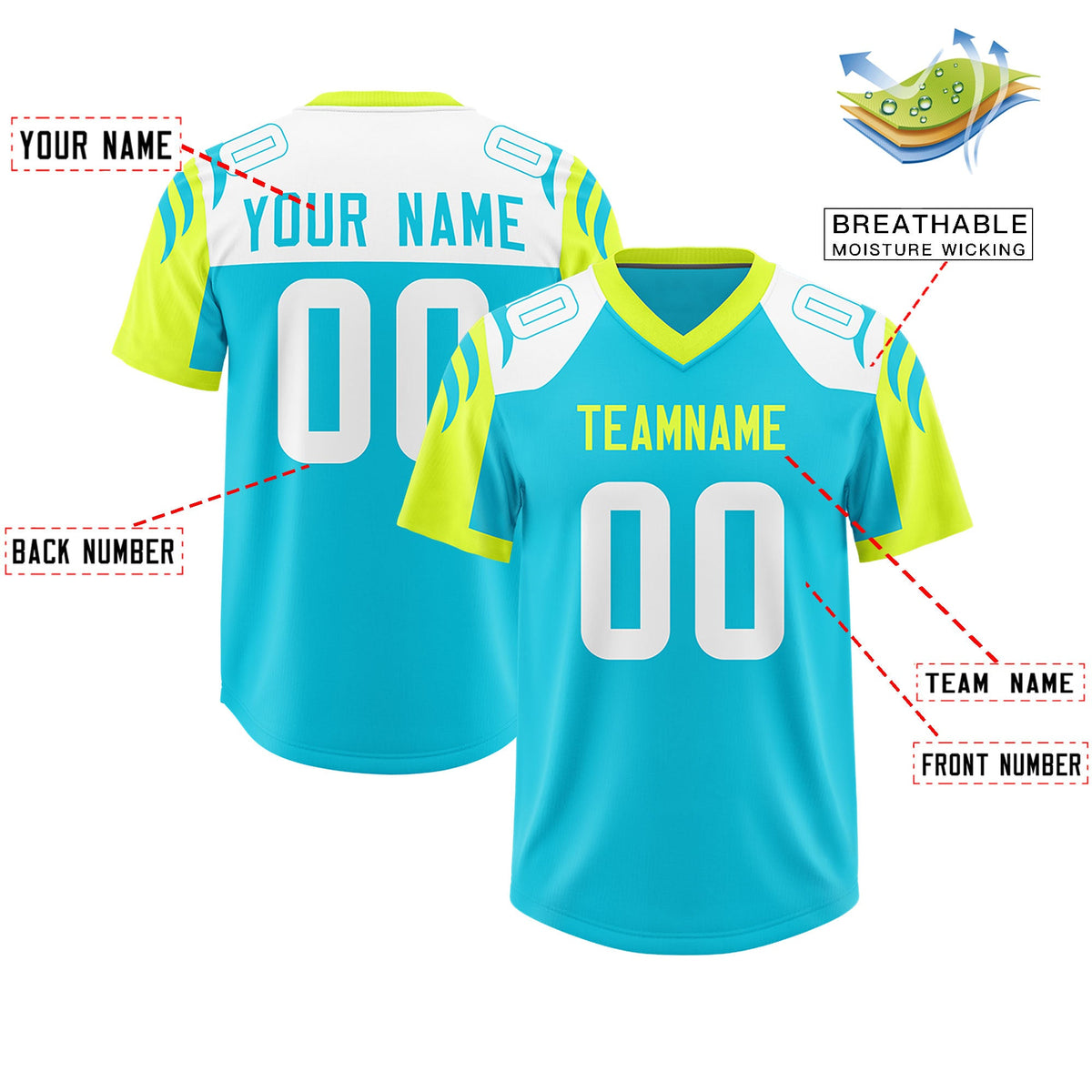 Custom Sky Blue Fluorescent Green Raglan Sleeves Personalized Pattern Authentic Football Jersey