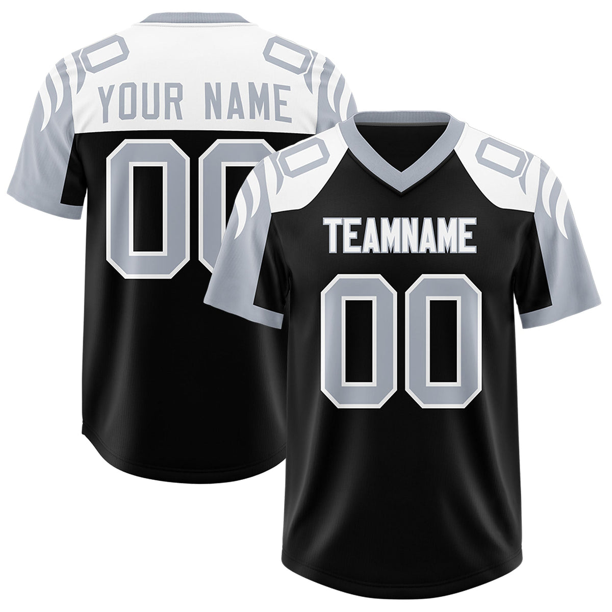 Custom Black Silver Raglan Sleeves Personalized Pattern Authentic Football Jersey
