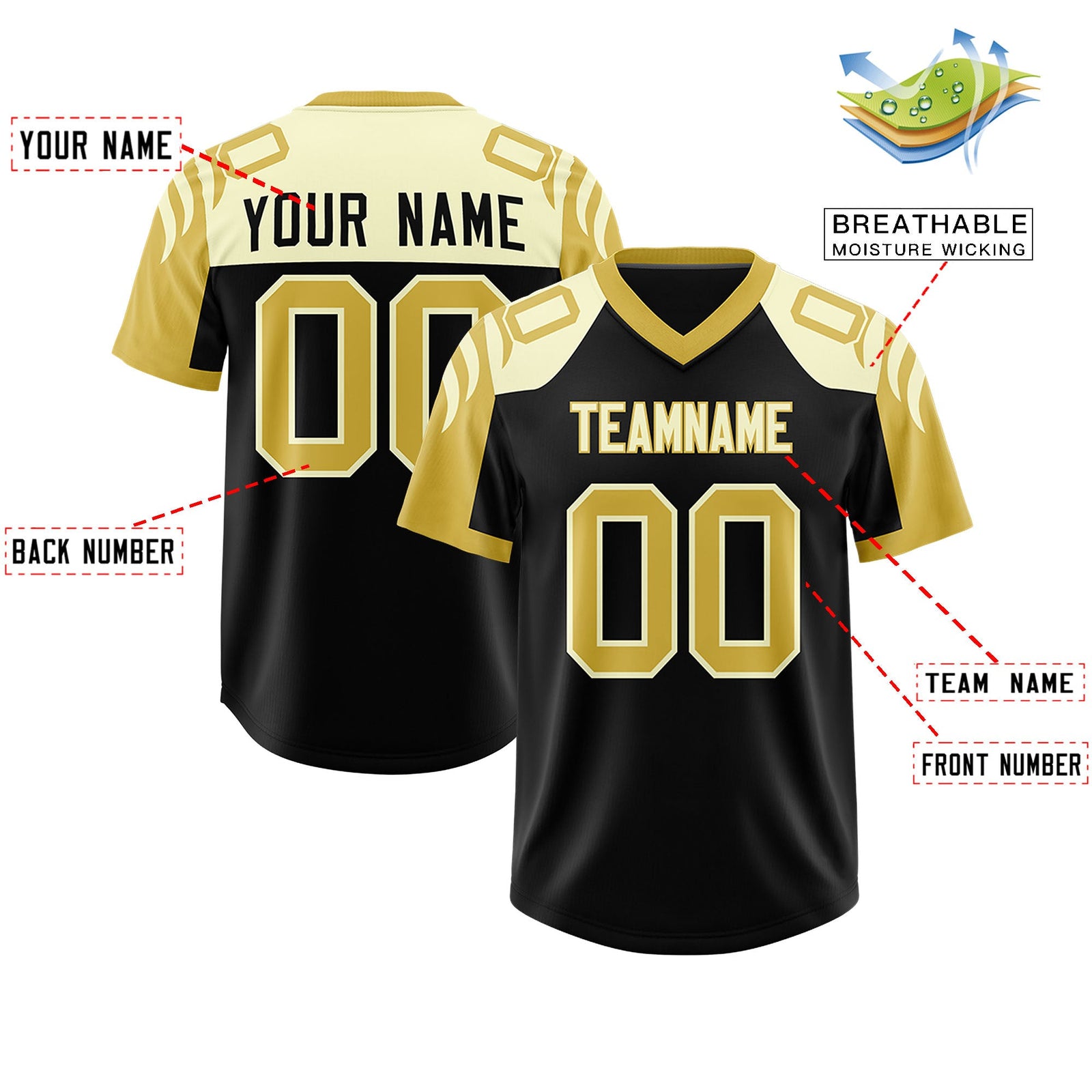 Custom Black Old Gold Raglan Sleeves Personalized Pattern Authentic Football Jersey