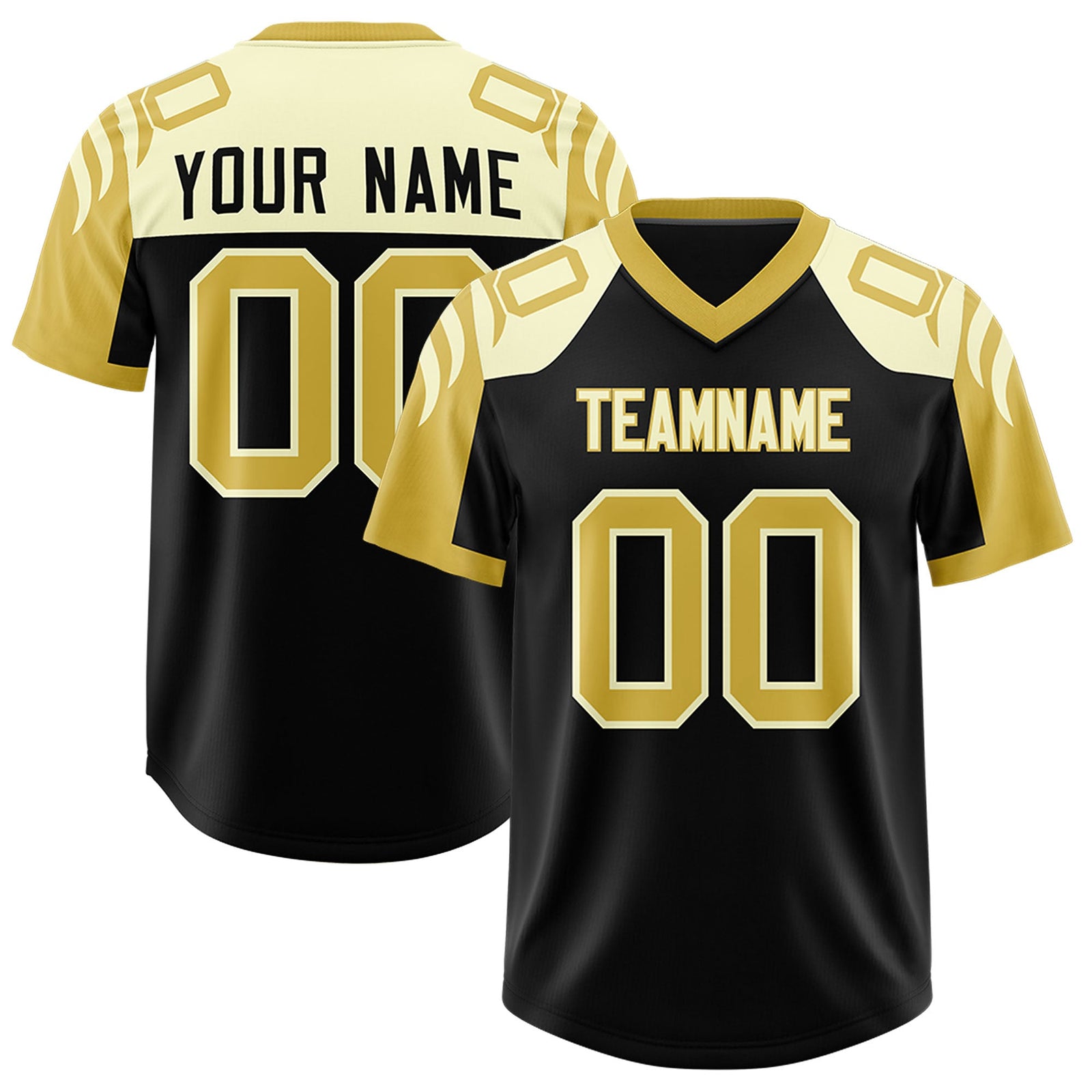 Custom Black Old Gold Raglan Sleeves Personalized Pattern Authentic Football Jersey