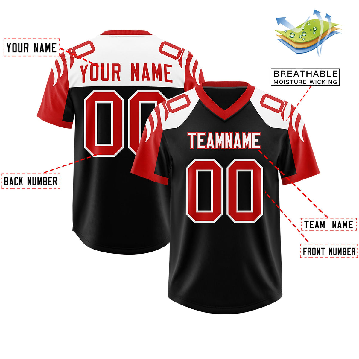 Custom Black Red Raglan Sleeves Personalized Pattern Authentic Football Jersey