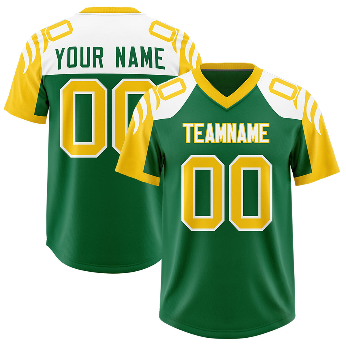 Custom Kelly Green Gold Raglan Sleeves Personalized Pattern Authentic Football Jersey