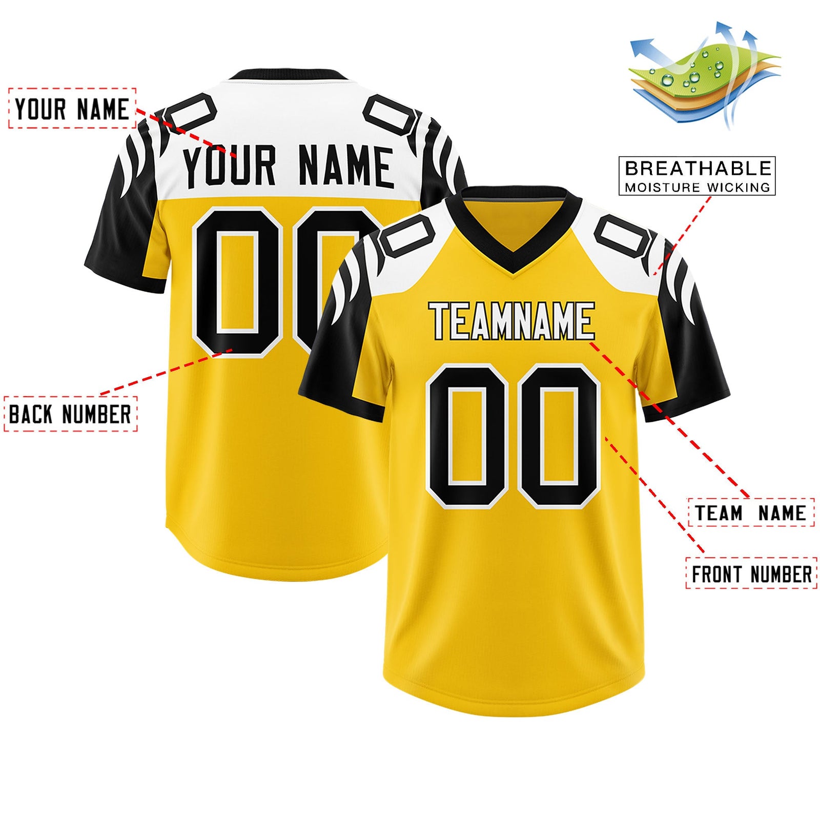 Custom Gold Black Raglan Sleeves Personalized Pattern Authentic Football Jersey
