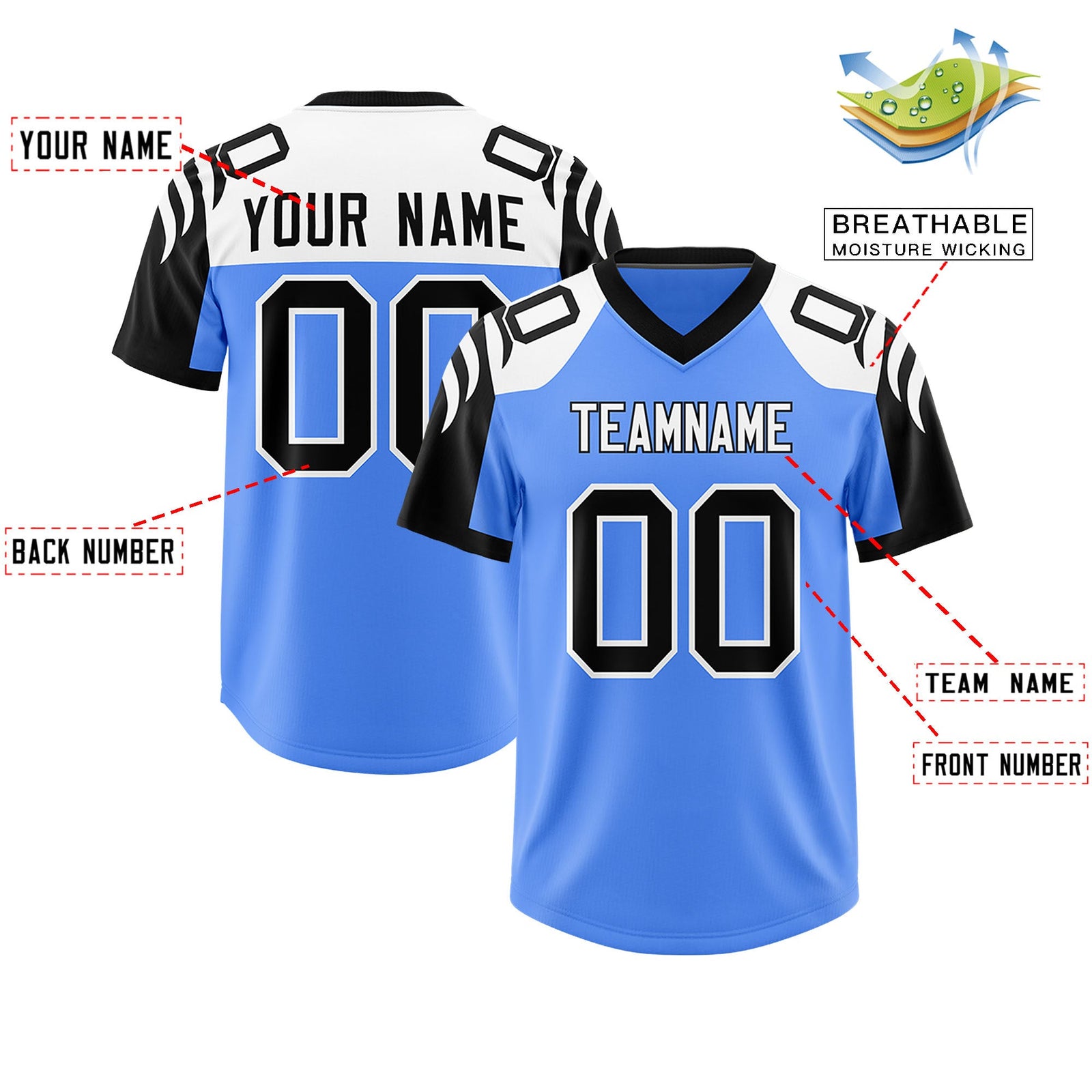 Custom Powder Blue Black Raglan Sleeves Personalized Pattern Authentic Football Jersey
