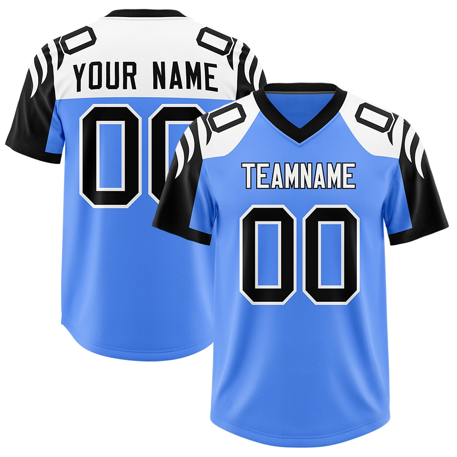 Custom Powder Blue Black Raglan Sleeves Personalized Pattern Authentic Football Jersey