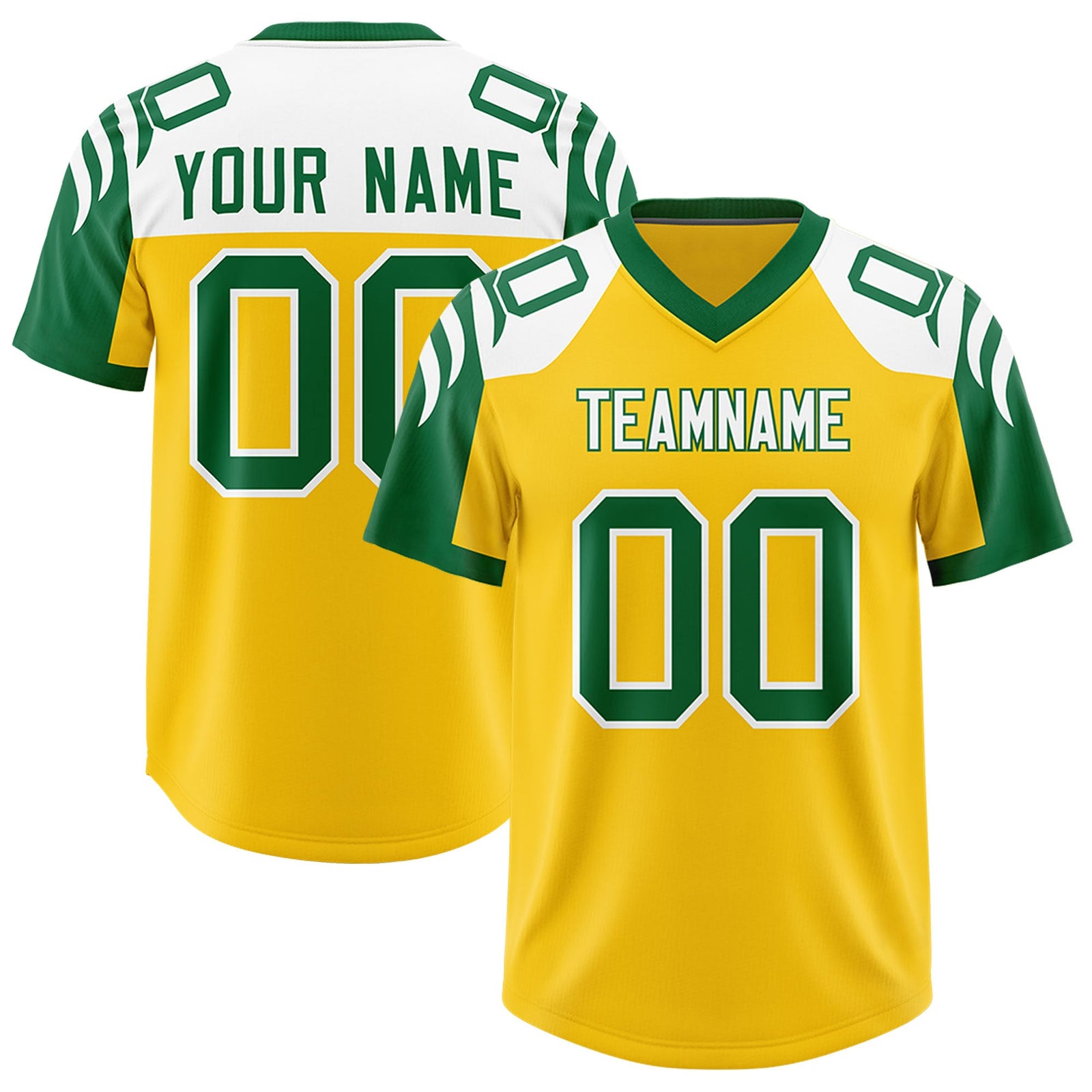 Custom Gold Kelly Green Raglan Sleeves Personalized Pattern Authentic Football Jersey