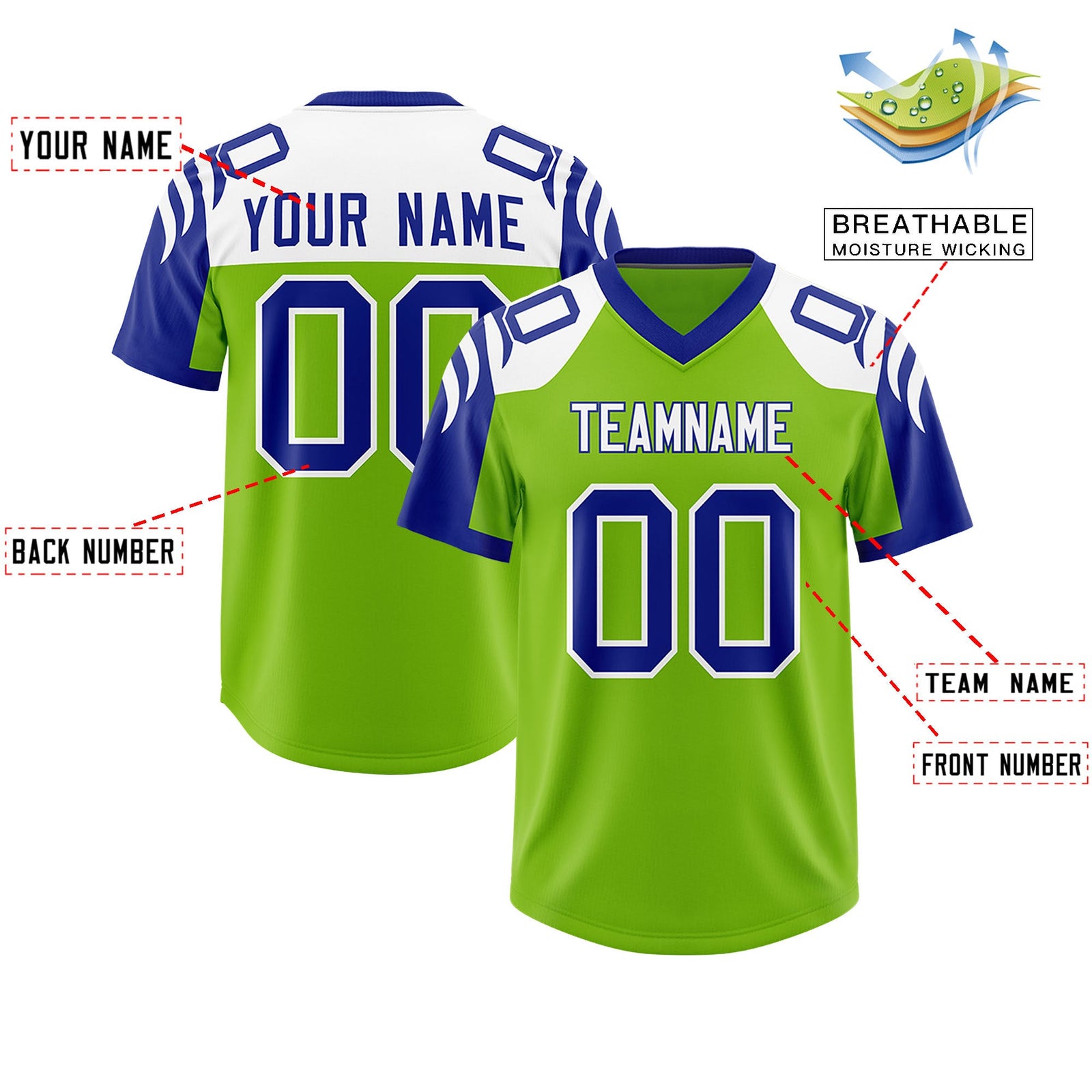 Custom Neon Green Royal Raglan Sleeves Personalized Pattern Authentic Football Jersey