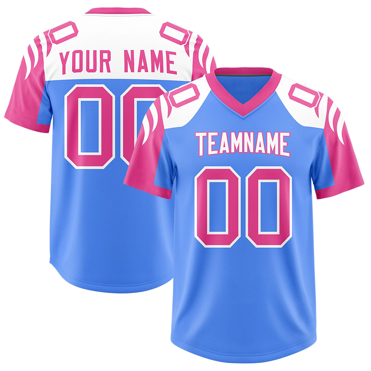 Custom Powder Blue Pink Raglan Sleeves Personalized Pattern Authentic Football Jersey
