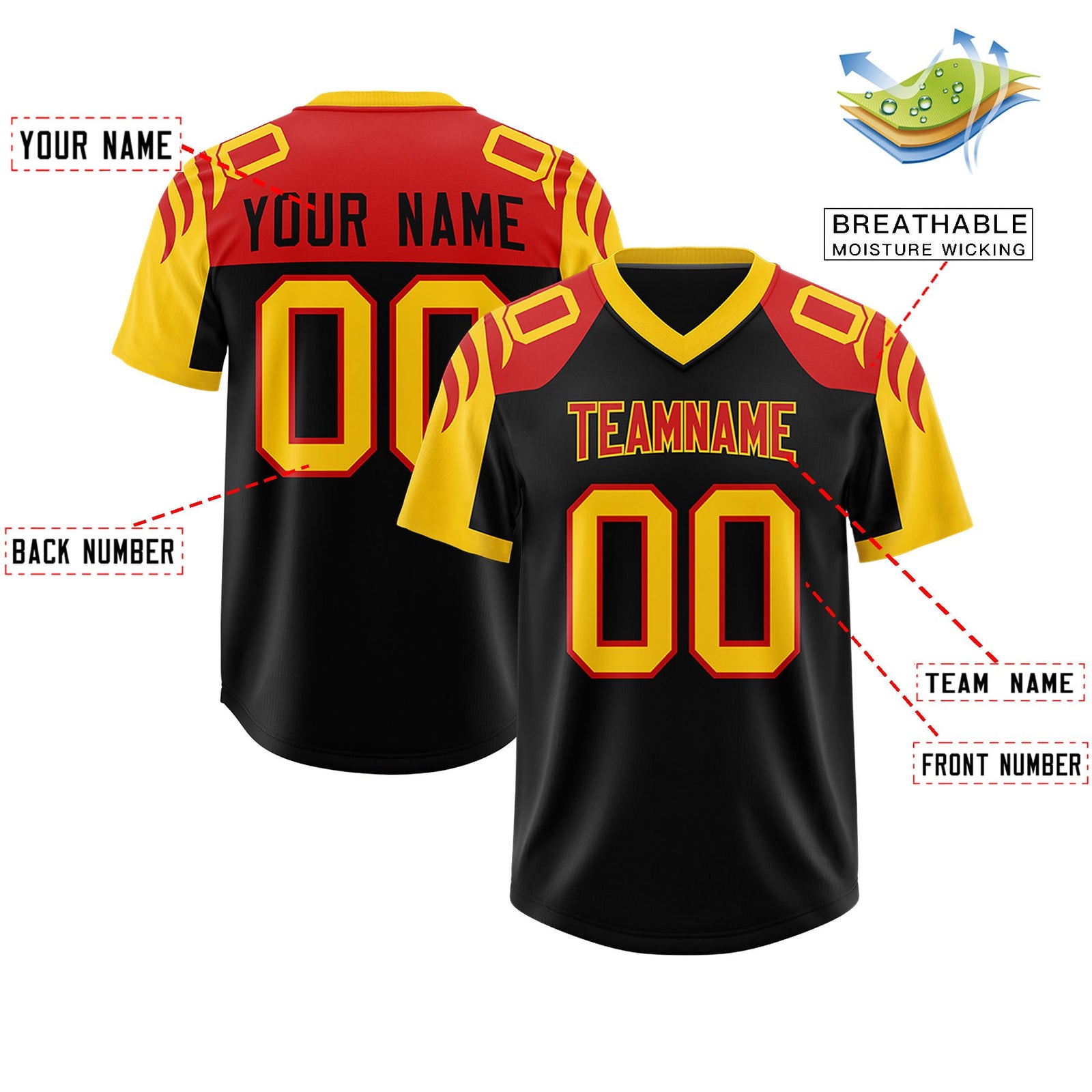 Custom Black Gold Raglan Sleeves Personalized Pattern Authentic Football Jersey