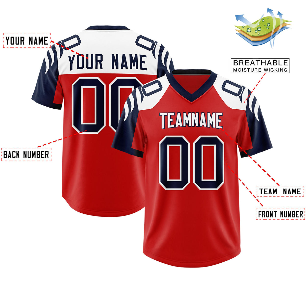 Custom Red Navy Raglan Sleeves Personalized Pattern Authentic Football Jersey