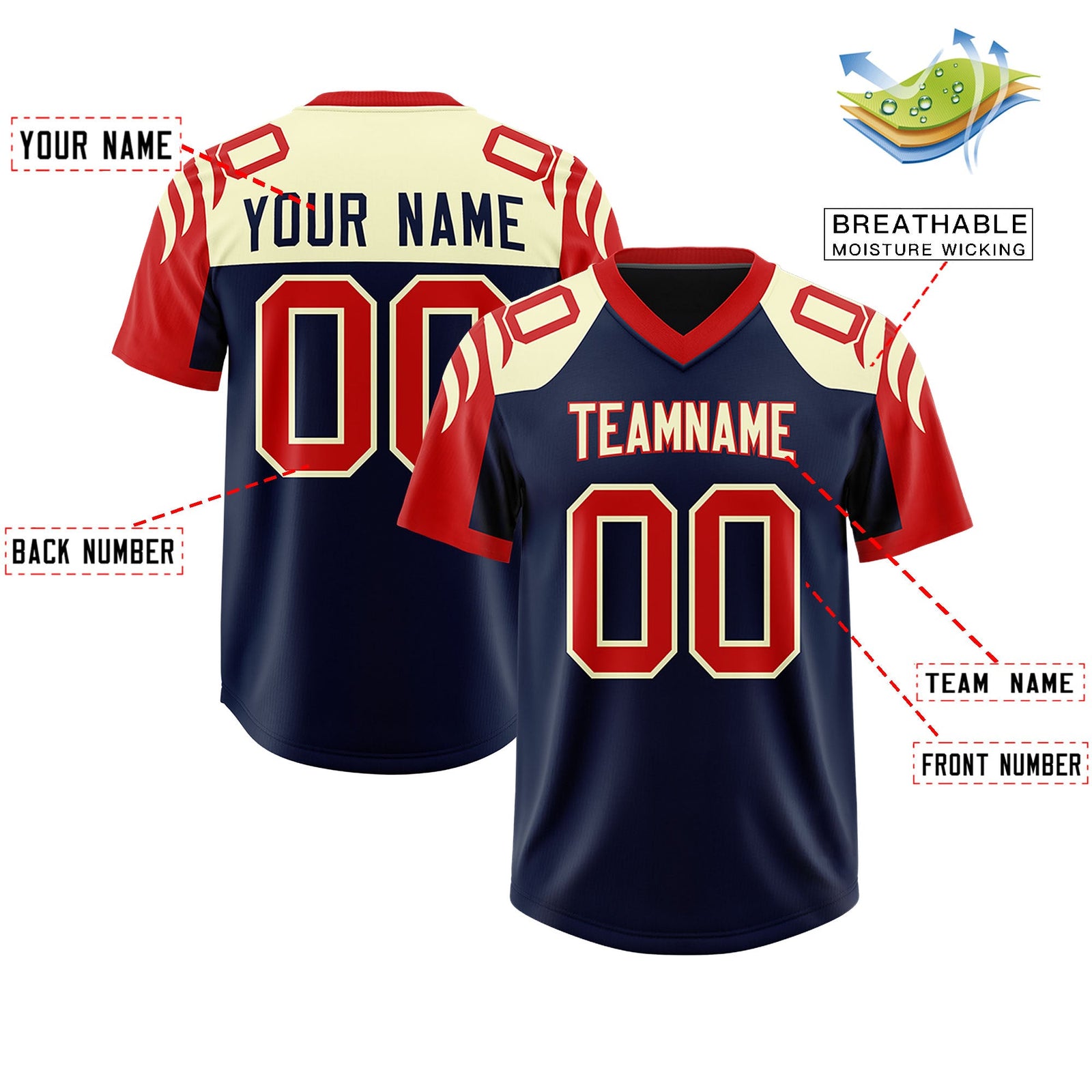 Custom Navy Red Raglan Sleeves Personalized Pattern Authentic Football Jersey