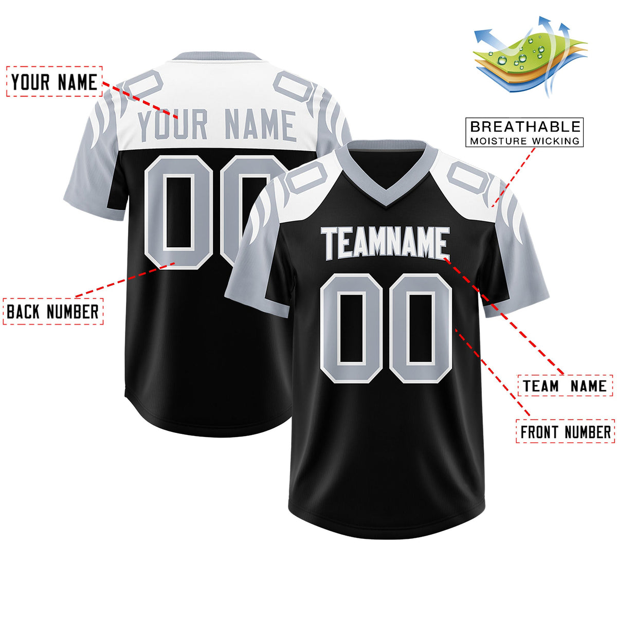 Custom Black Silver Raglan Sleeves Personalized Pattern Authentic Football Jersey