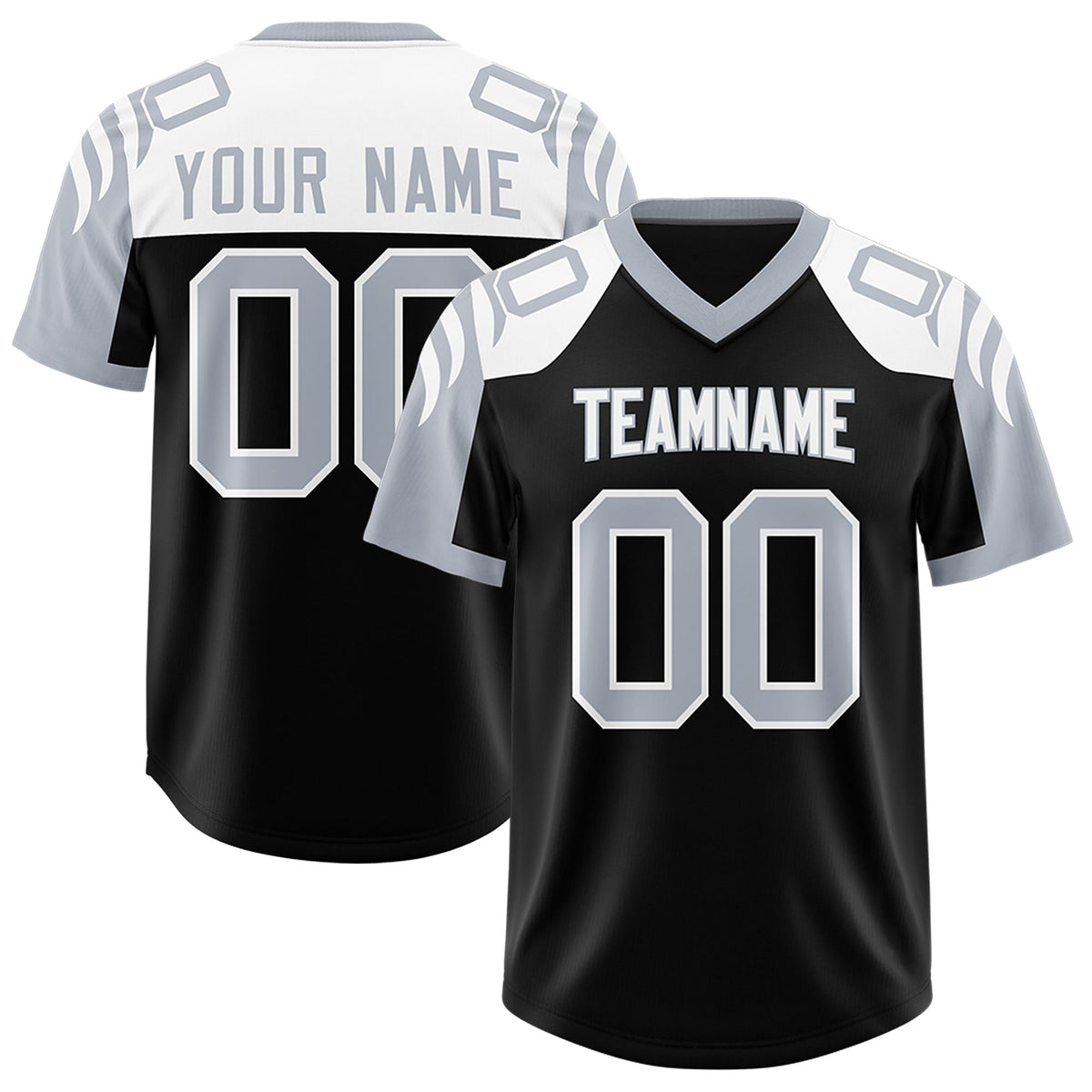 Custom Black Silver Raglan Sleeves Personalized Pattern Authentic Football Jersey