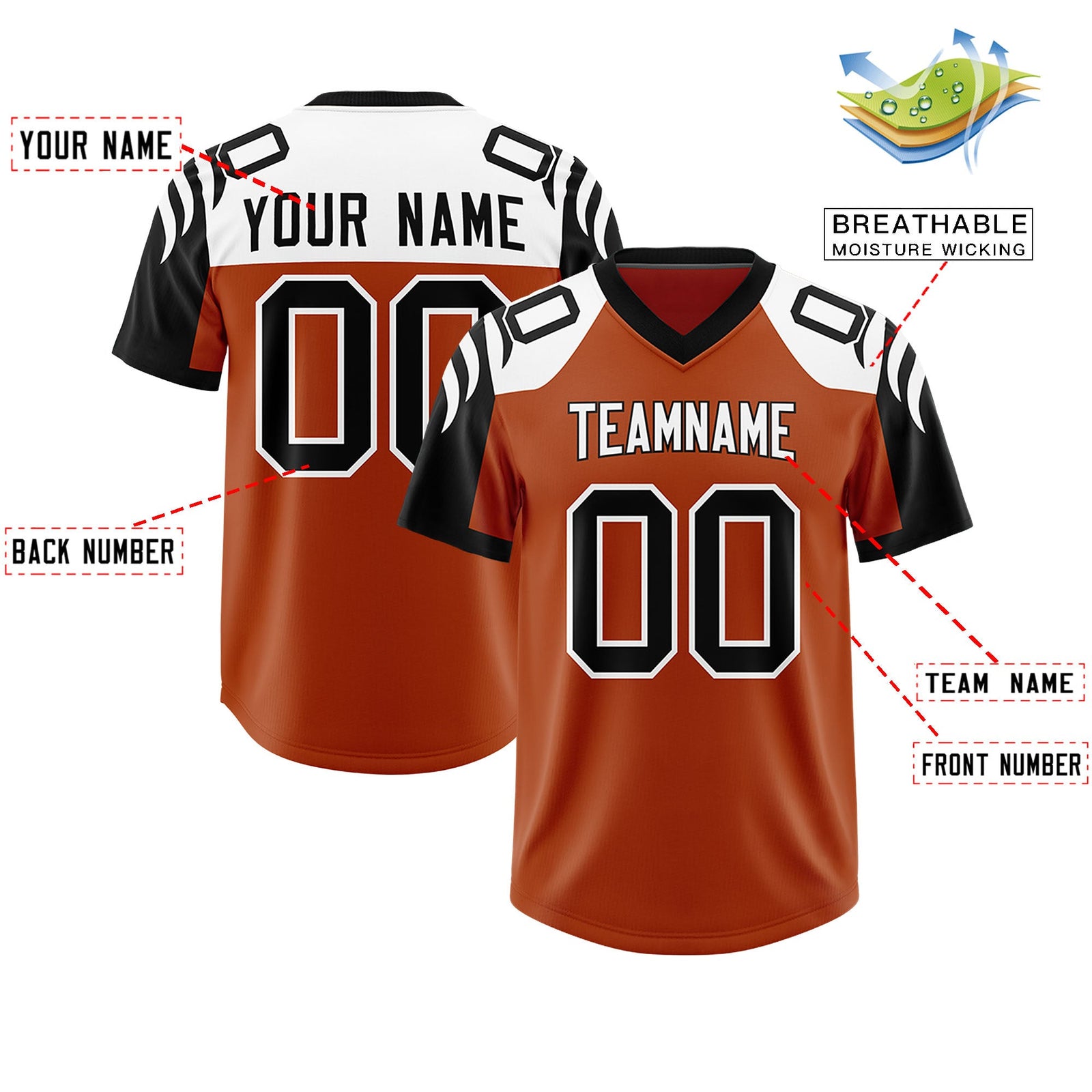 Custom Texas Orange Black Raglan Sleeves Personalized Pattern Authentic Football Jersey